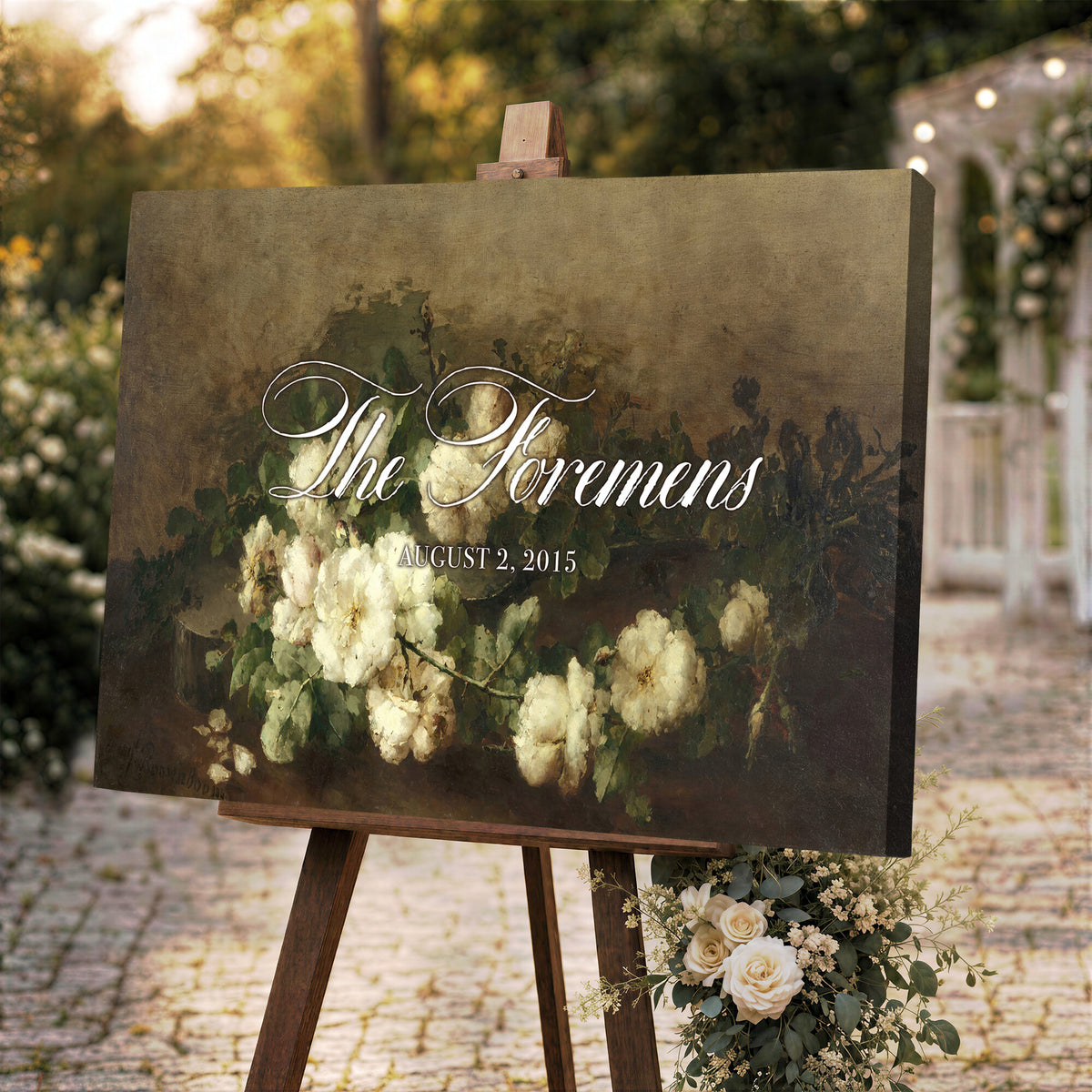 60065718-MCV-HS-36X24 - Wedding Easel Sign | Personalized White Peonies Vintage Canvas | Framed Welcome Sign for Ceremony