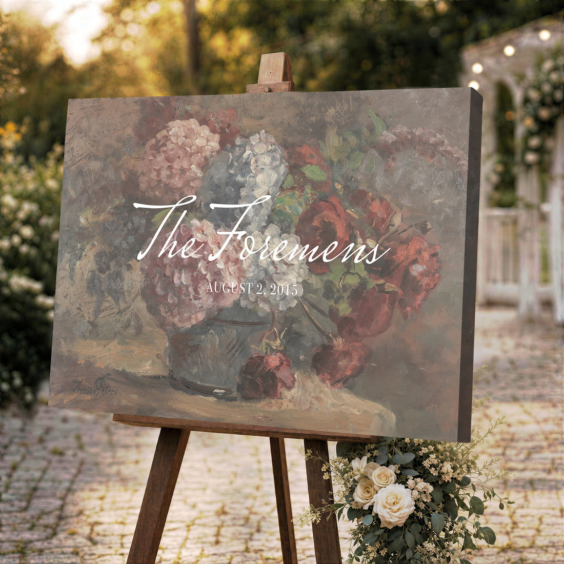 Wedding Easel Sign | Personalized Rose Bouquet Vintage Canvas | Framed Welcome Sign for Ceremony