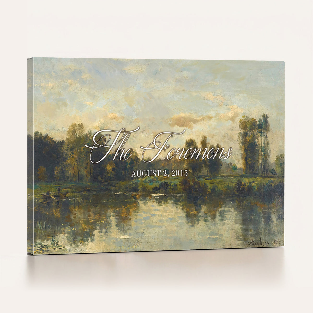 81082298-MCV-HS-36X24 - Personalized Family Name Sign | River Reflection Vintage Landscape Canvas | Wedding Gift