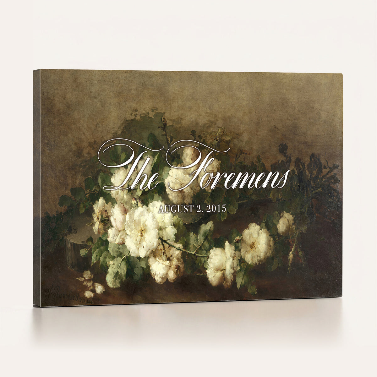 60065718-MCV-HS-36X24 - Wedding Easel Sign | Personalized White Peonies Vintage Canvas | Framed Welcome Sign for Ceremony