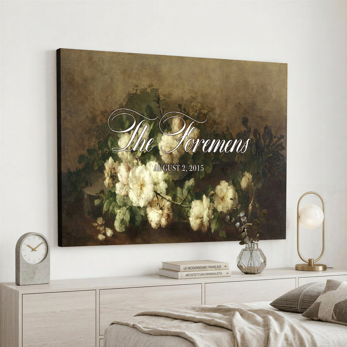 60065718-MCV-HS-36X24 - Wedding Easel Sign | Personalized White Peonies Vintage Canvas | Framed Welcome Sign for Ceremony
