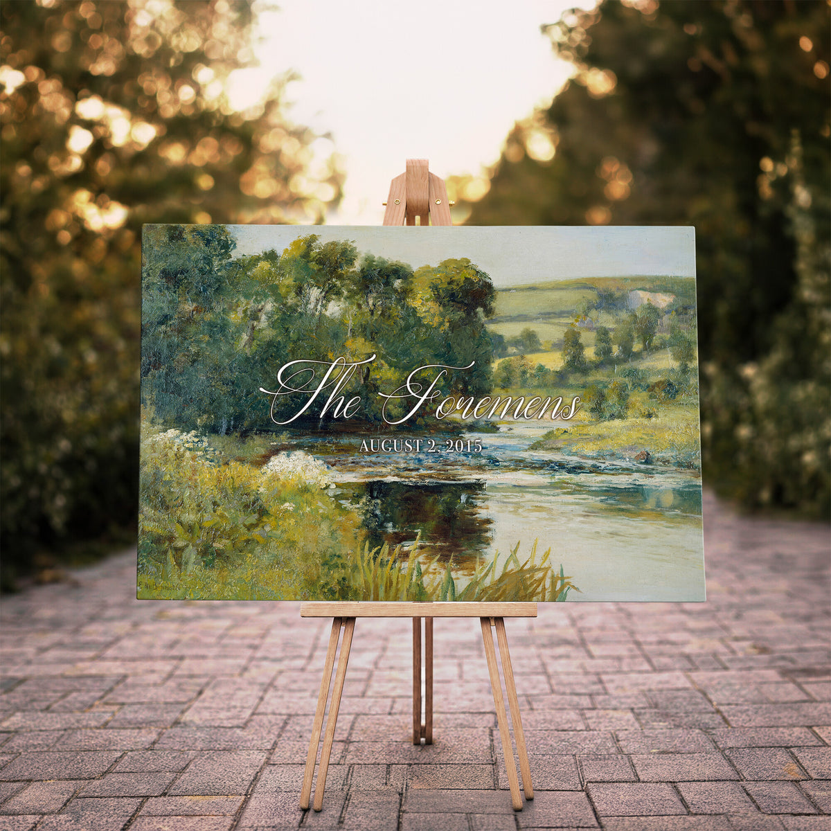 70450758-MCV-HS-36X24 - Wedding Easel Sign | Personalized Countryside Stream Vintage Canvas | Framed Welcome Sign for Ceremony