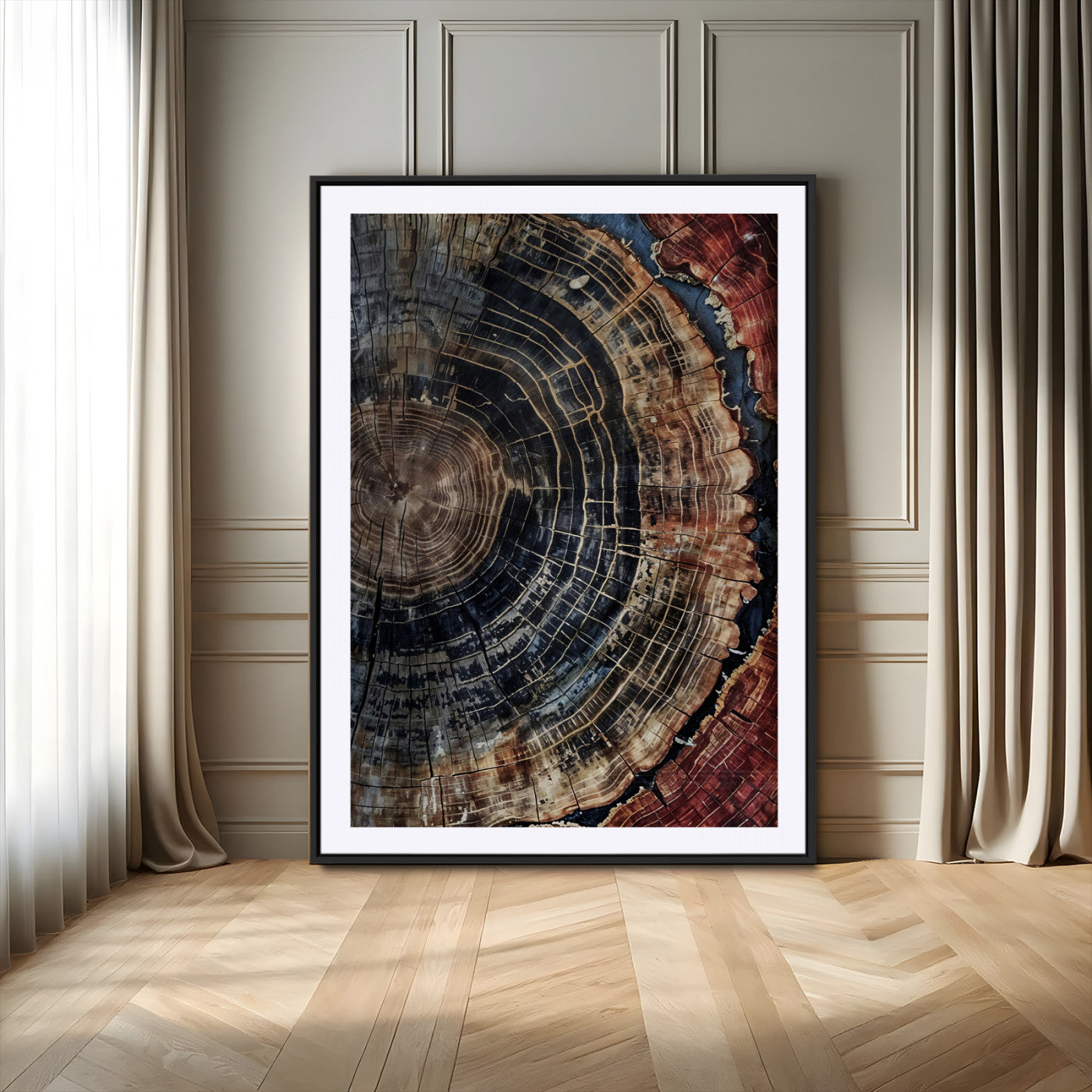 TEST3001-MGC-FP-24x36_Black-Framed Tree Rings Wall Art Canvas Print, Rustic Wood Print, Framed Natural Texture Art Print, Large