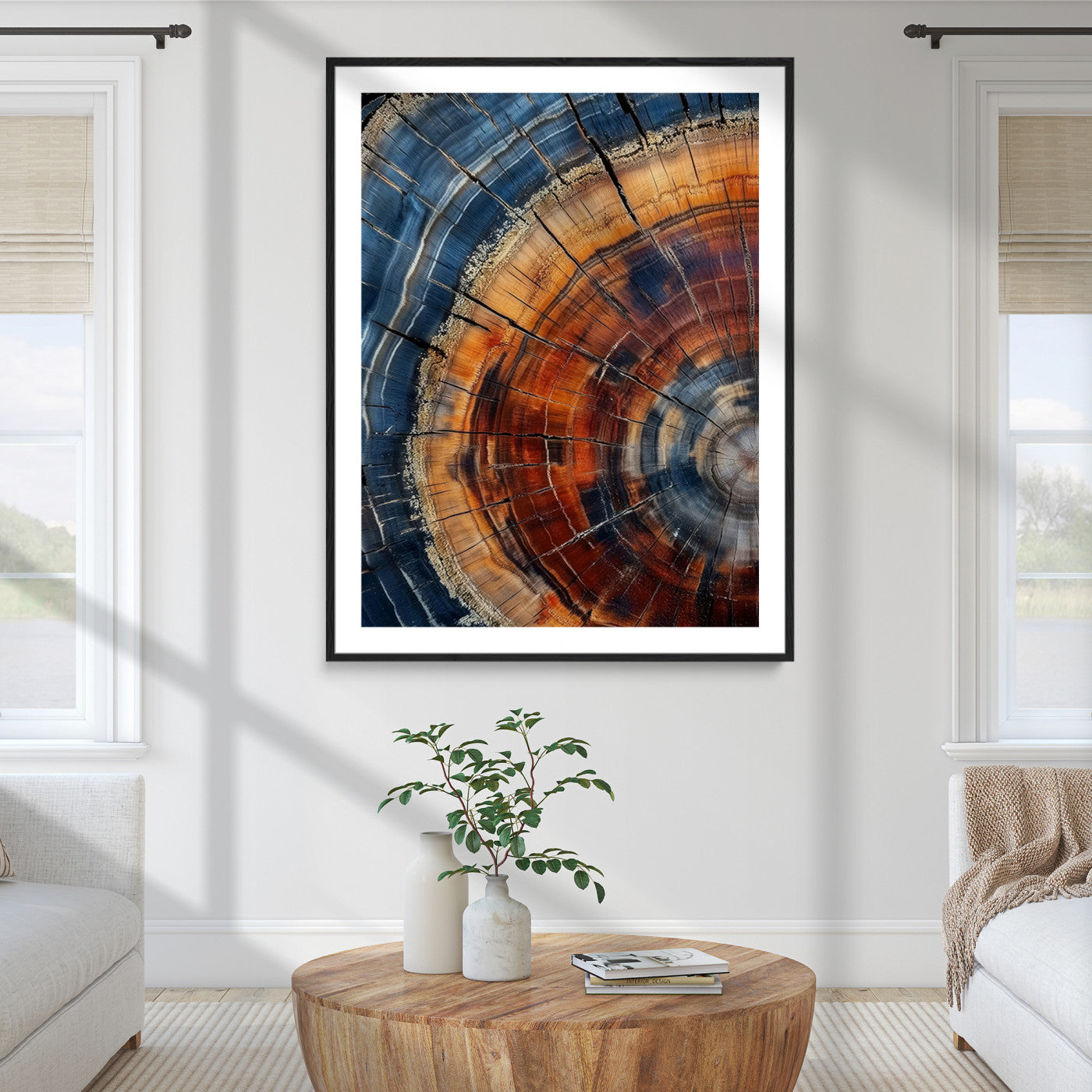 38379387-MGC-FP-36x24_Black-Tree Rings Wall Art Canvas Print – Blue Wood Grain Rustic Texture Natural Earthy Nature Artwork for Home Office