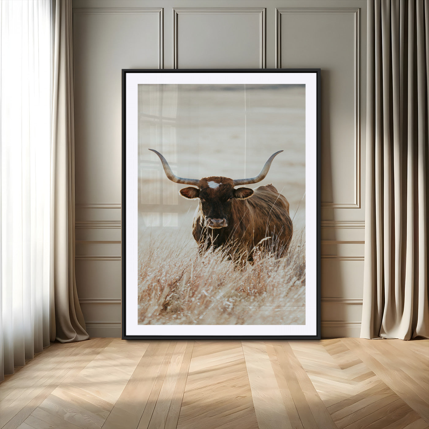 -Texas Longhorn Wall Art Canvas Print, Framed Brown Cattle Art Picture Print, Horned Bull Perfect Rustic Western Decor Artwork