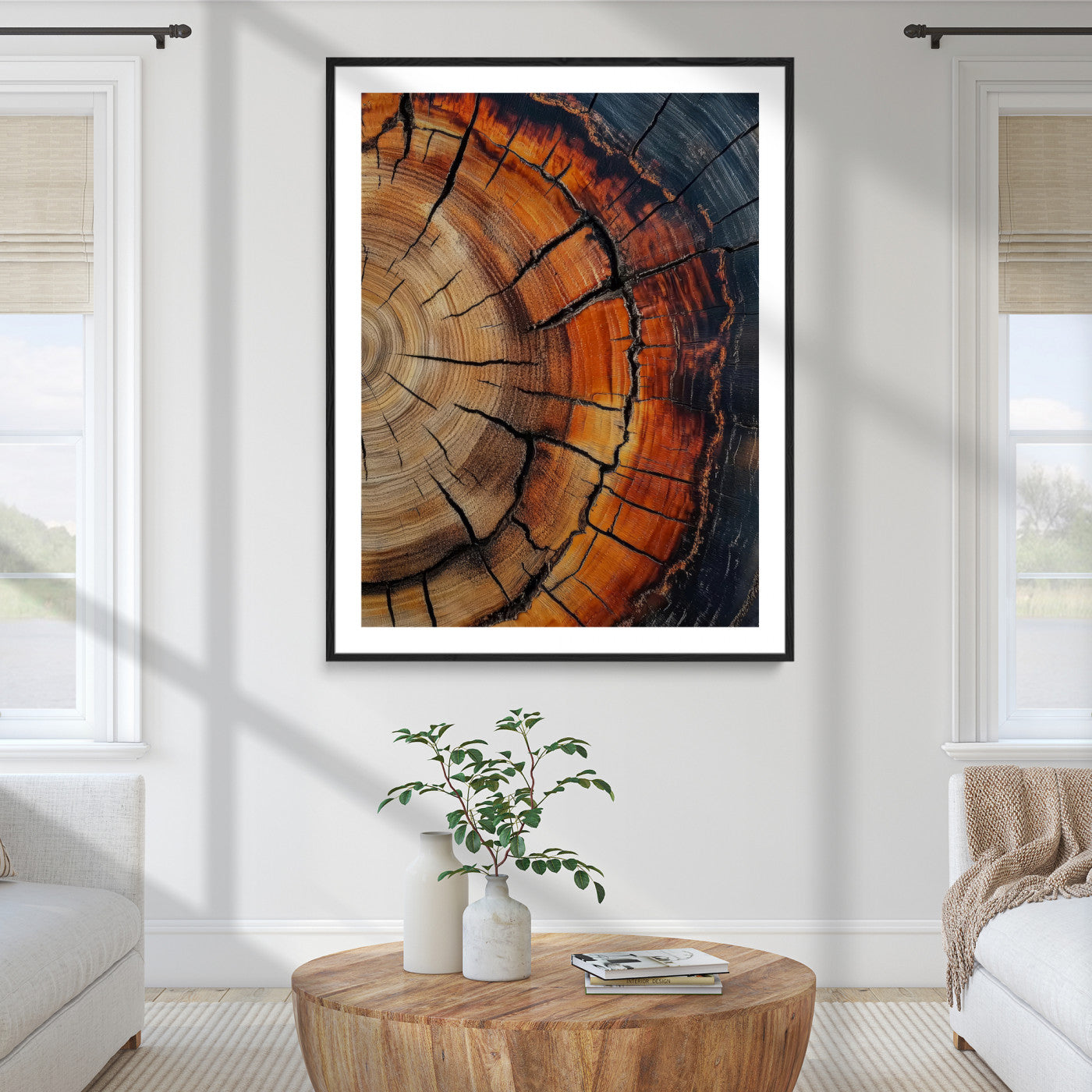 12078265-MGC-FP-36x24_Black-Tree Rings Wall Art Canvas Print – Framed Burnt Wood Rustic Nature Growth Rings Organic Artwork for Home Office