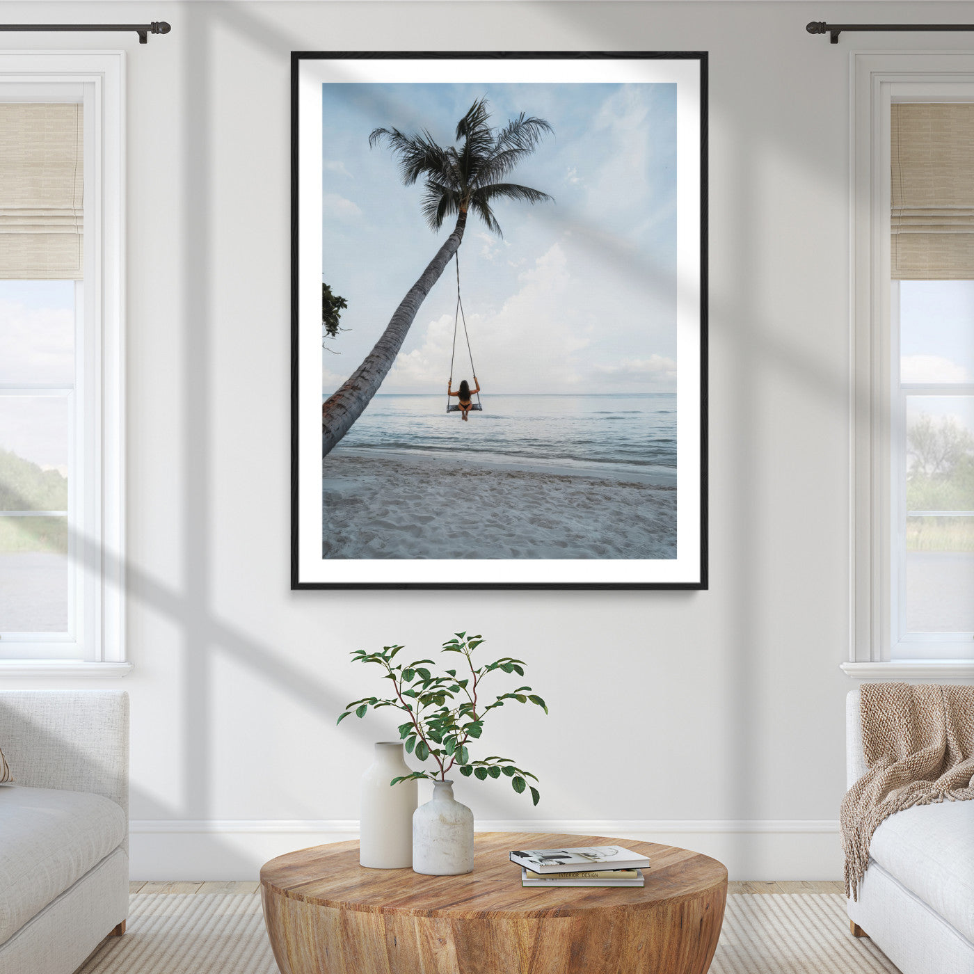 86062249-MGC-FP-36x24_Black-Tropical Swing Wall Art Canvas Print – Palm Trees Ocean View Relaxing Beach Minimalist Coastal Decor Artwork