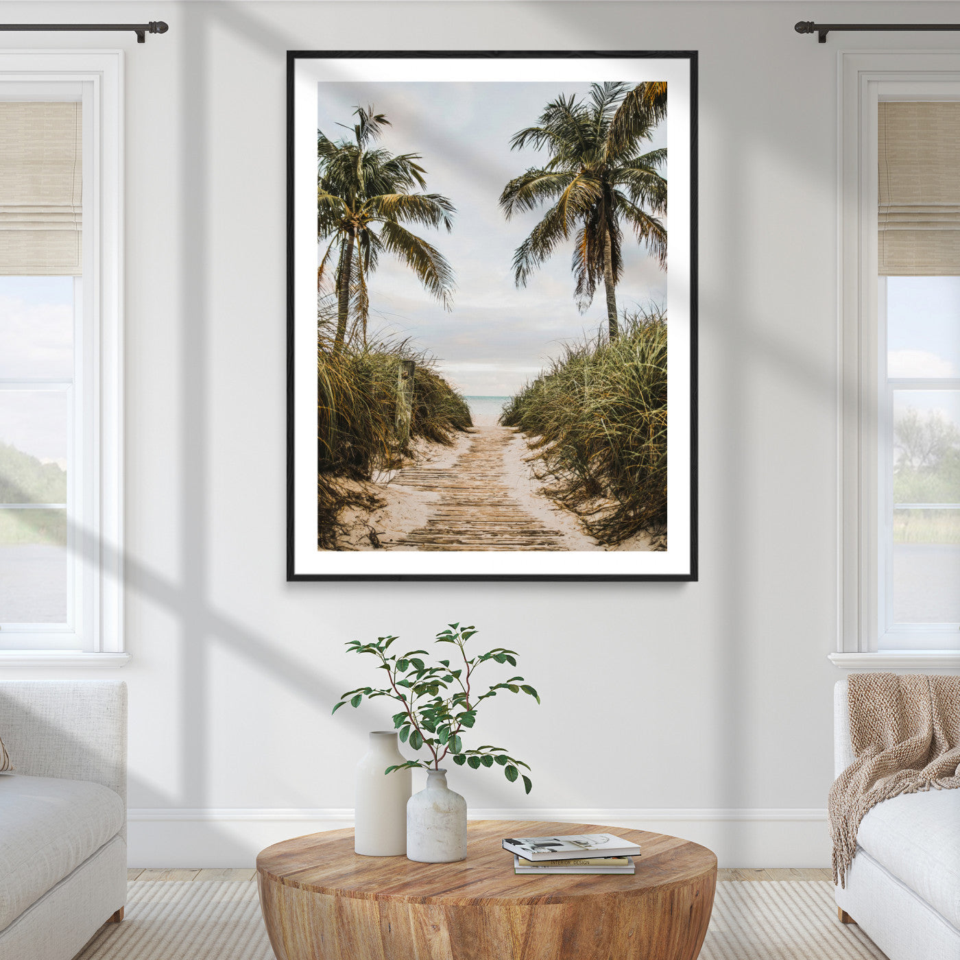 47319550-MGC-FP-36x24_Black-Tropical Beach Wall Art Canvas Print – Framed Coastal Palm Tree Scene with Rustic Sand Ocean Artwork for Home, Office