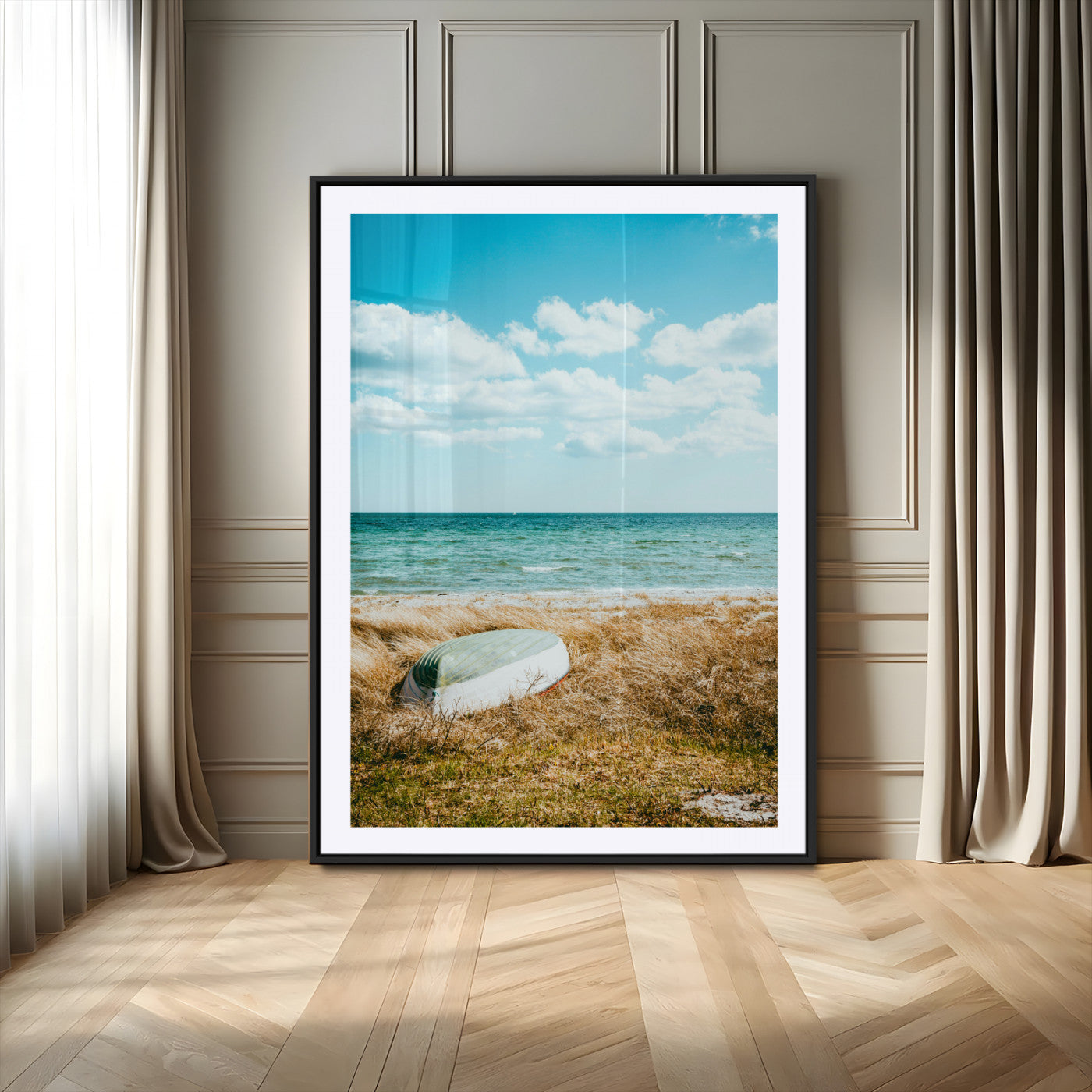 -Coastal Serenity Wall Art Canvas Print – Framed Ocean View Rustic Boat Nautical Scene Artwork for Home Office