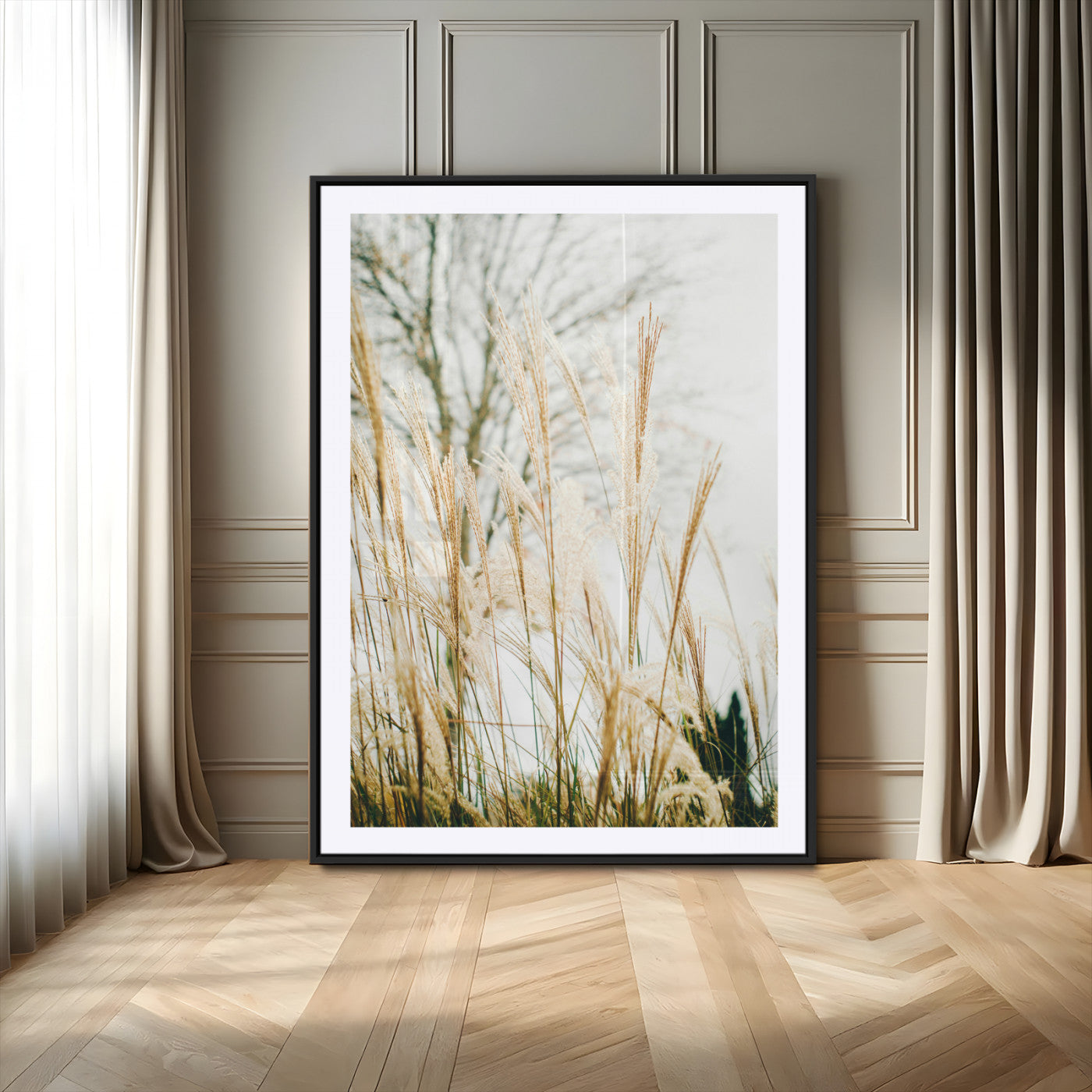 17571705-MGC-FP-24x36_Black-Pampas Grass Wall Art Canvas Print – Framed Neutral Tones Minimalist Nature Scene Artwork for Home Office