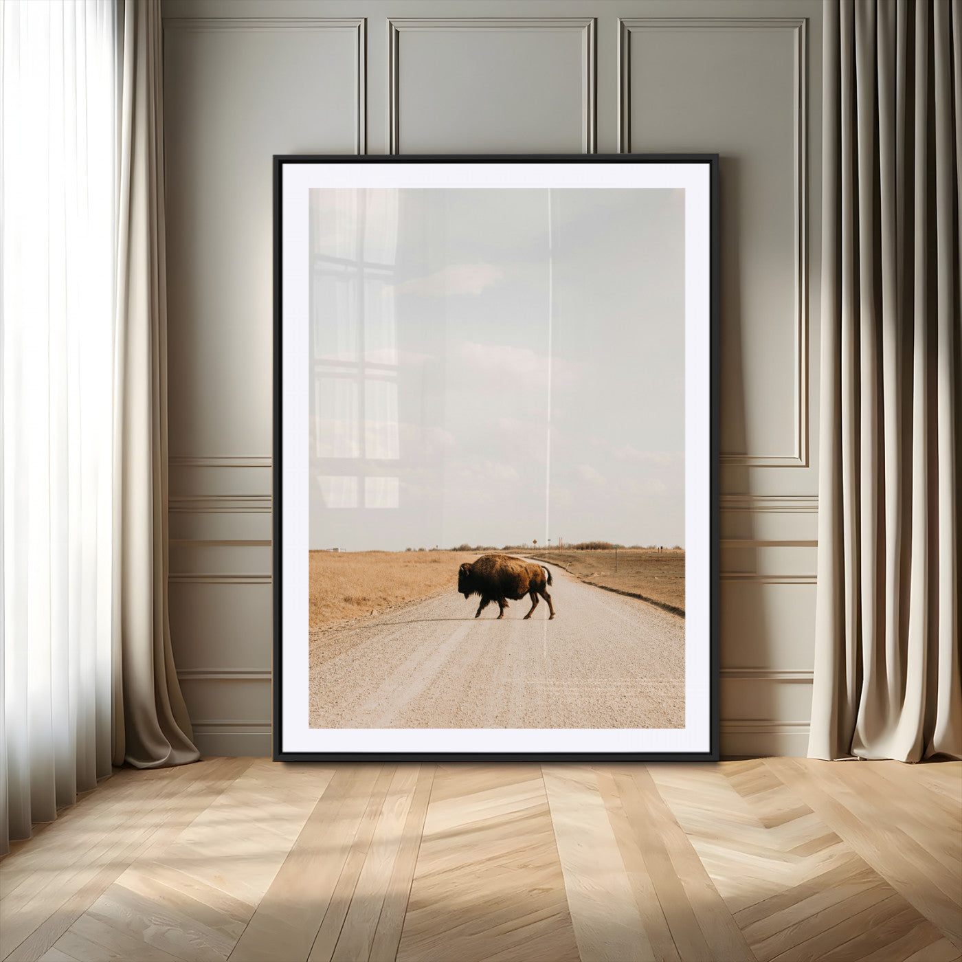 63874278-MGC-FP-24x36_Black-Bison Crossing Wall Art Canvas Print – Framed Western Prairie Road Landscape Nature Scene Artwork for Home Office