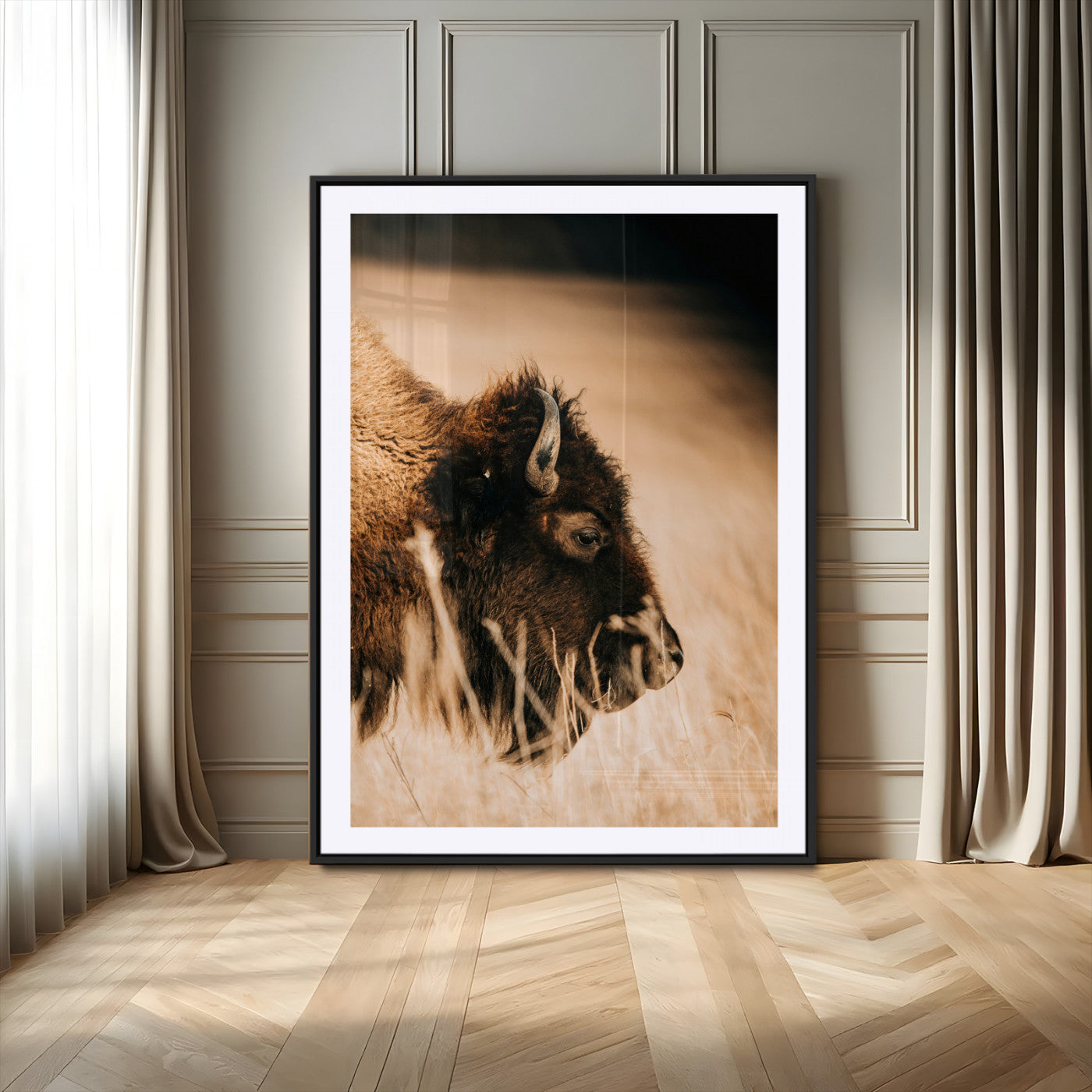 -Bison Portrait Wall Art Canvas Print – Framed Western Prairie Serenity Landscape Artwork for Home Office
