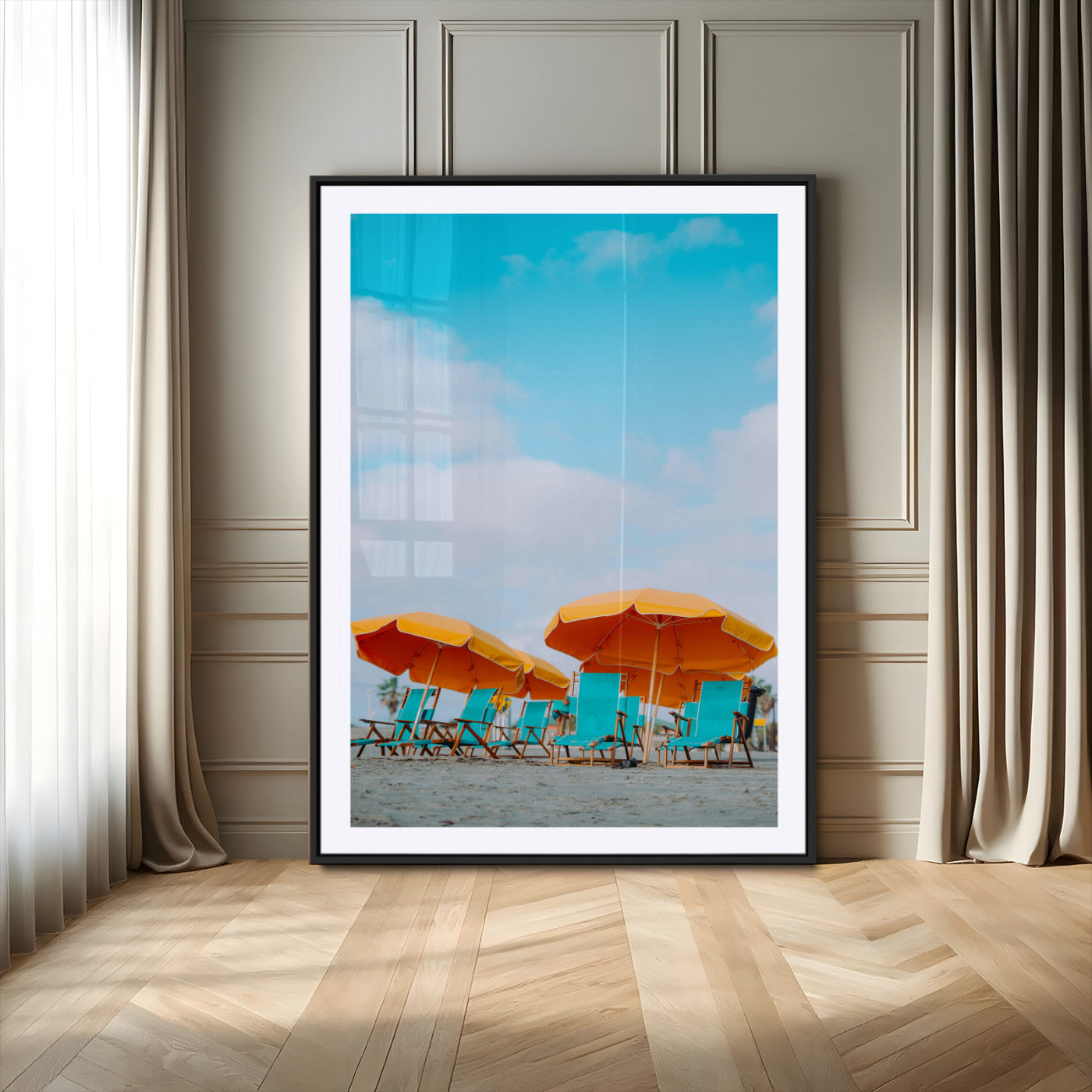 20422711-MGV-CV-24X36-Beach Umbrellas Wall Art Canvas Print – Framed Tropical Coastal Paradise Nature Scene Artwork for Home Office