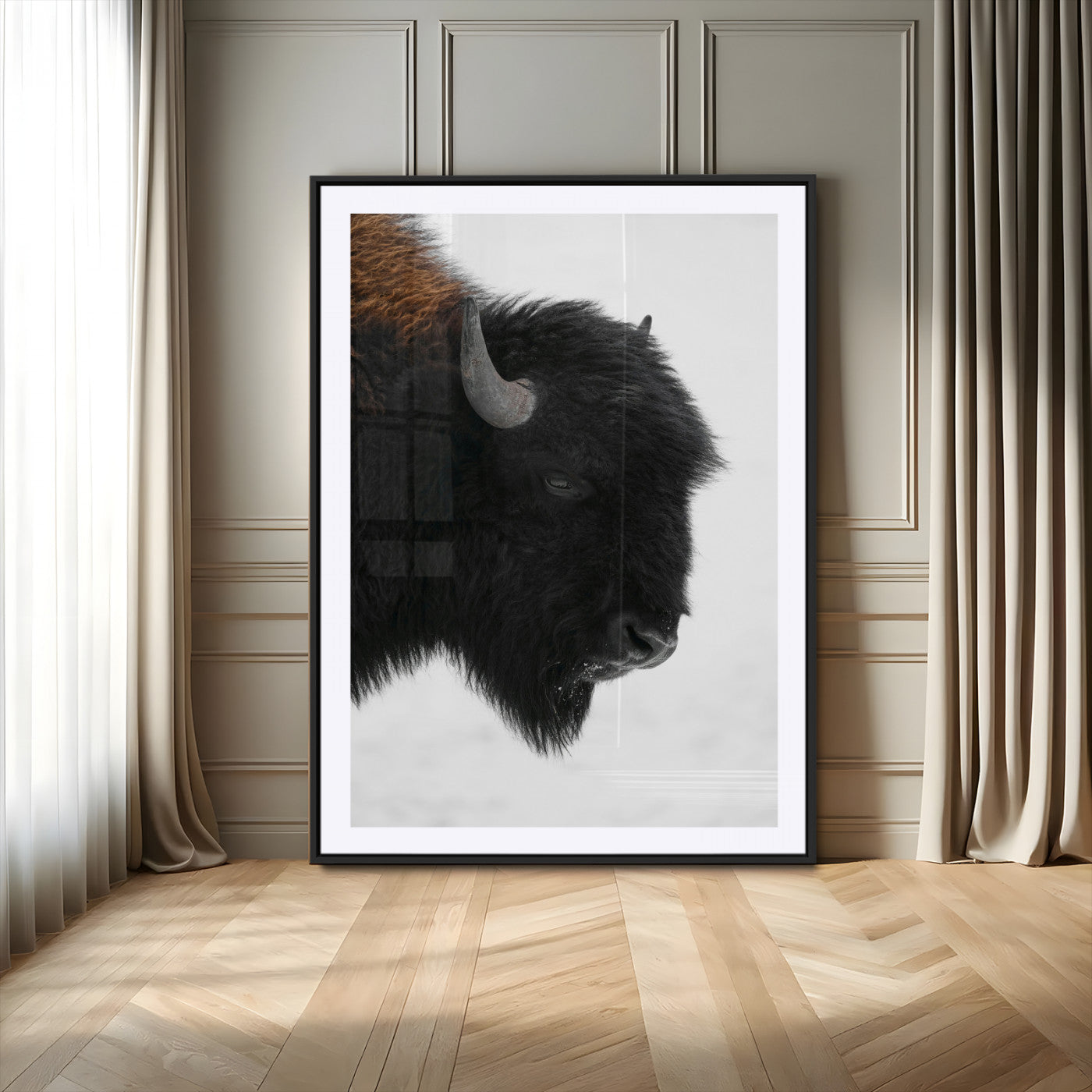 73956942-MGC-FP-24x36_Black-Western Rustic Wall Art Canvas Print – Framed Buffalo Black and White Wildlife Photography Artwork for Home Office