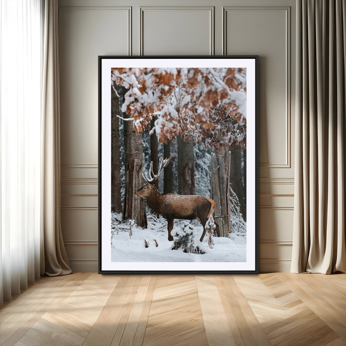 53001693-MGC-FP-24x36_Black-Serene Landscape Wall Art Canvas Print – Framed Winter Wonderland Deer Nature Scene Artwork for Home Office