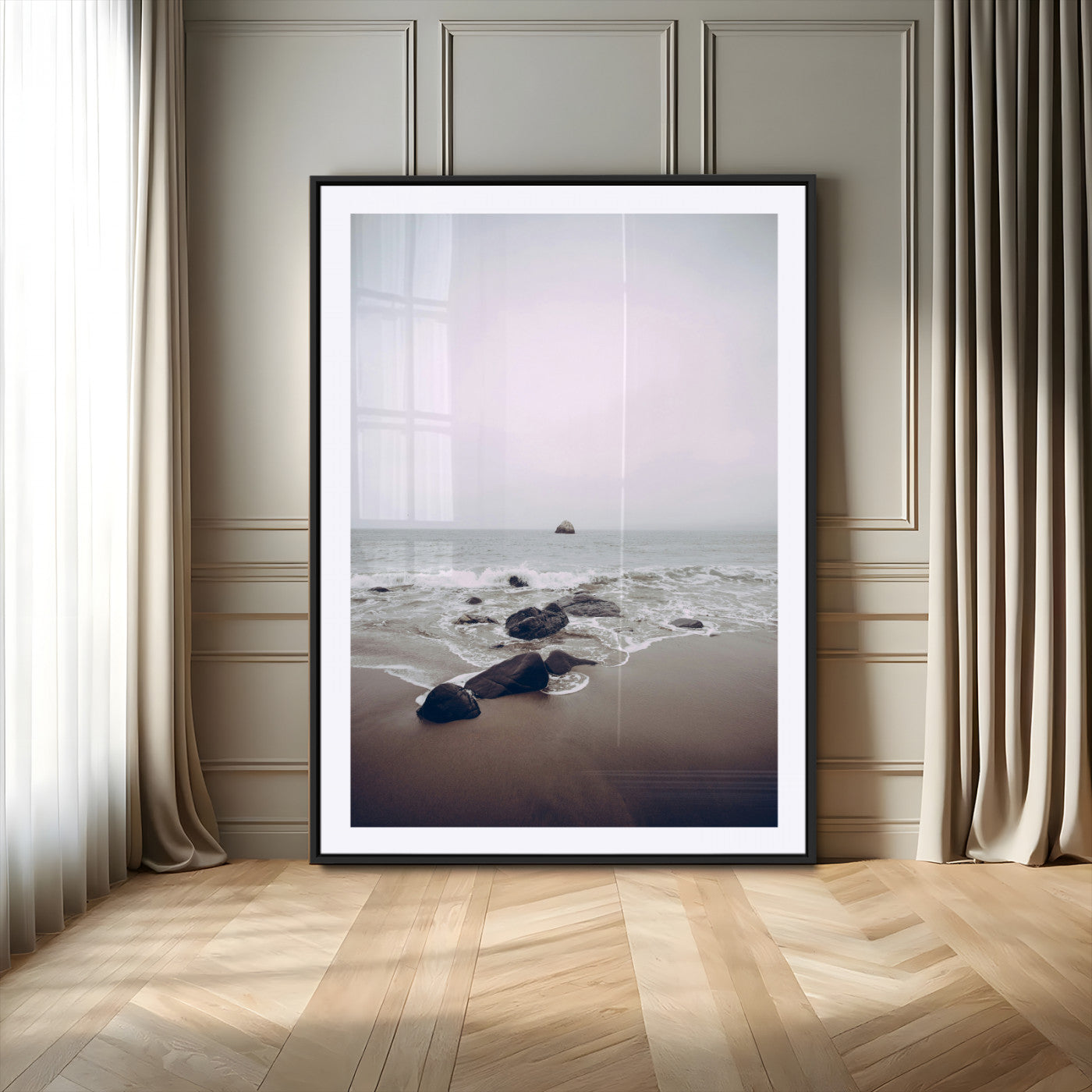 -Moody Seascape Wall Art Canvas Print – Framed Neutral Foggy Ocean Beach Nature Scene Artwork for Home Office