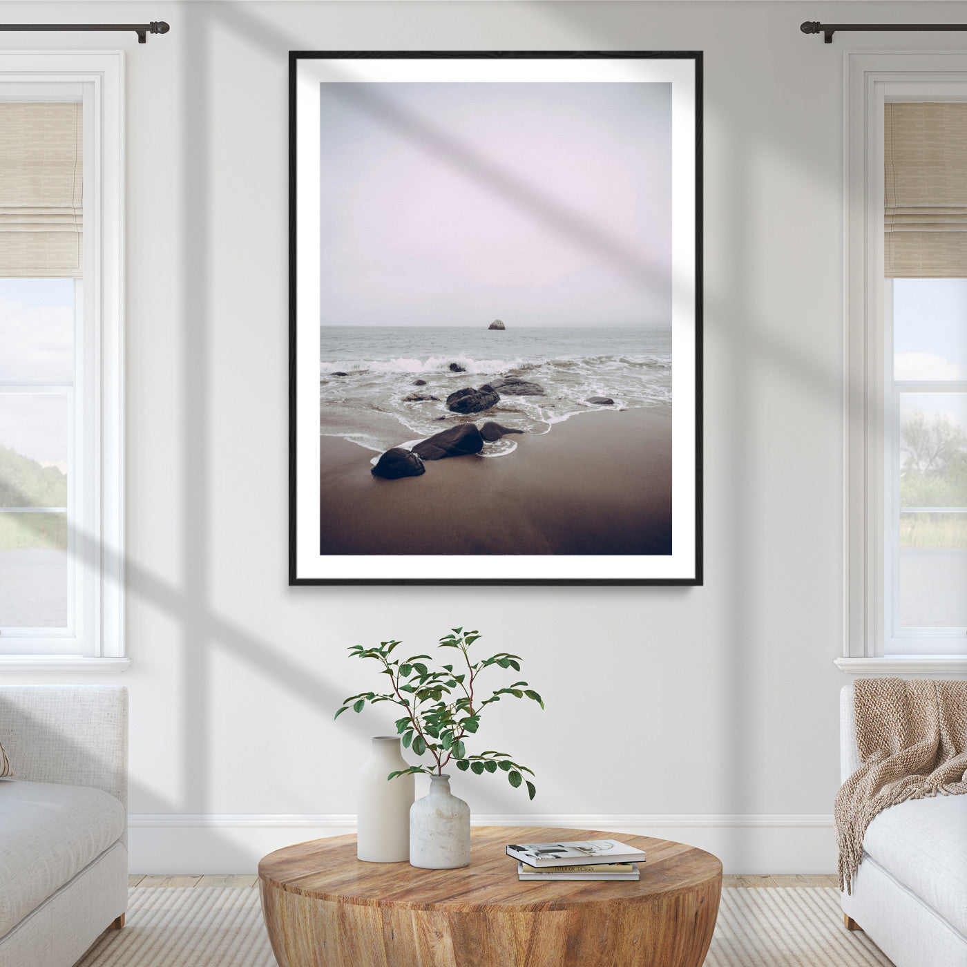 38272740-MGC-FP-24x36_Black-Moody Seascape Wall Art Canvas Print – Foggy Ocean Waves Neutral Beach Scene Tranquil Coastal Nature Artwork for Home Office