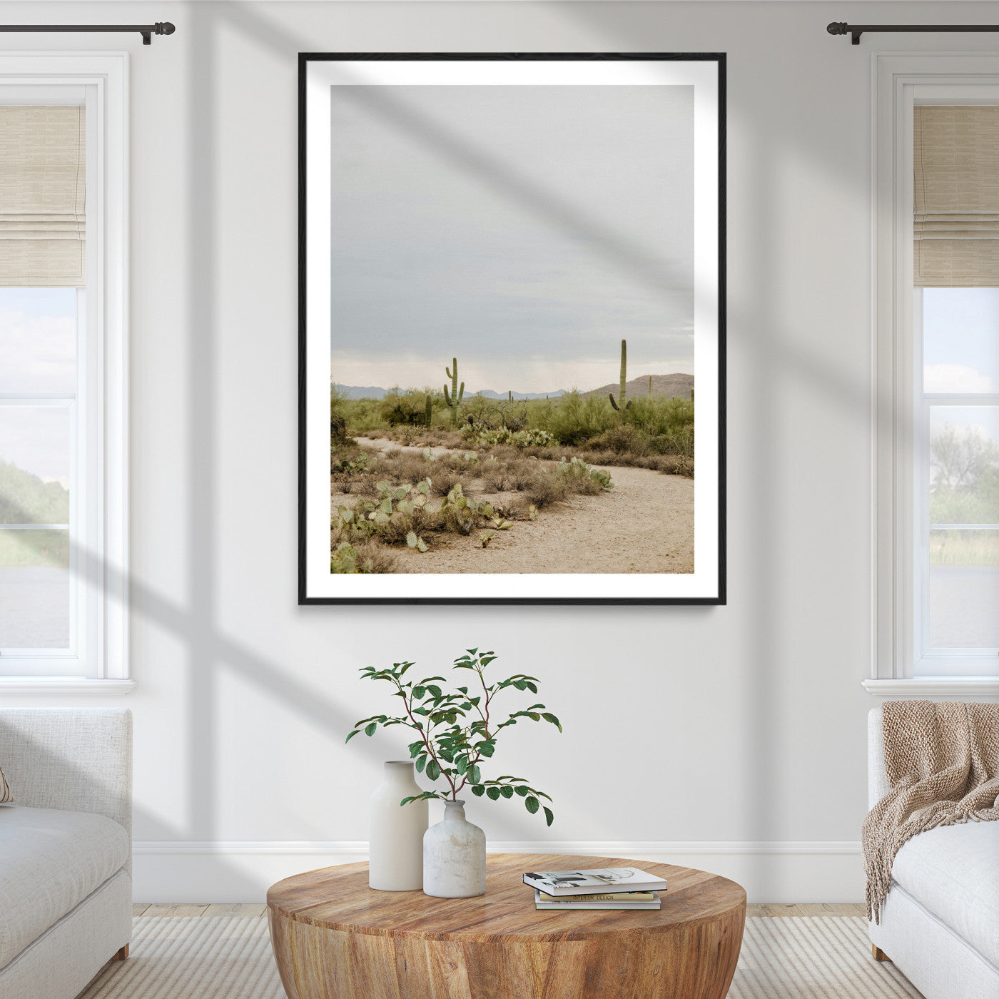 55042528-MGC-FP-24x36_Black-Desert Landscape Wall Art Canvas Print – Cacti and Shrubs Pathway Natural Southwestern Scene Framed Artwork for Home Office