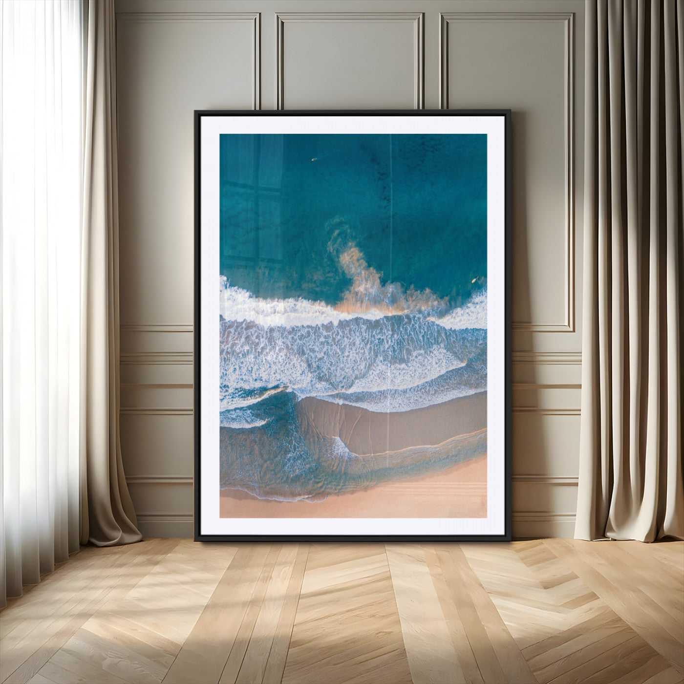 97740681-MGC-FP-24x36_Black-Aerial Beach View Wall Art Canvas Print – Framed Ocean Waves Coastal Serenity Minimalist Seascape Artwork for Home, Office