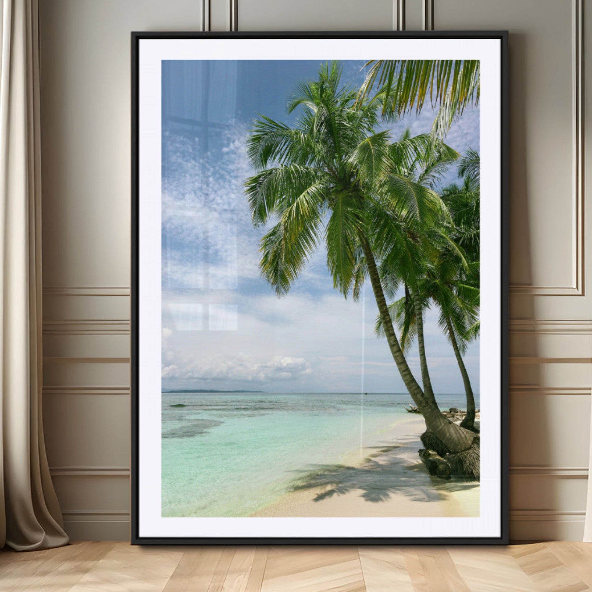 80489589-MGV-CV-24X36-Tropical Beach Palm Trees Canvas Print – Framed Island Coastal Wall Art Bright Ocean Horizon Photography for Home, Office