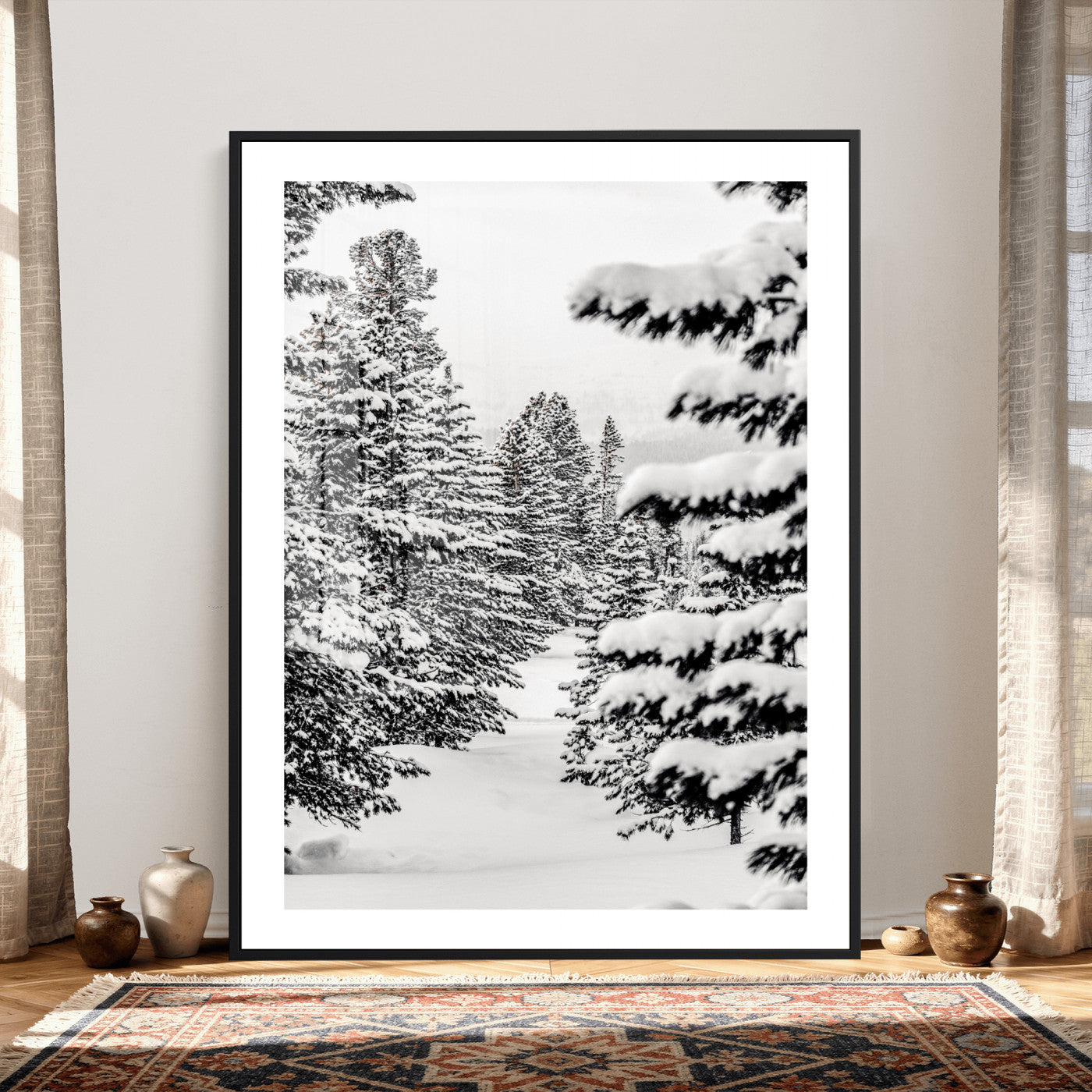 42534505-MGV-CV-24X36 - Snowy Pine Forest Wall Art Canvas Print, Minimal Winter Woodland Landscape, Black and White Nature Artwork