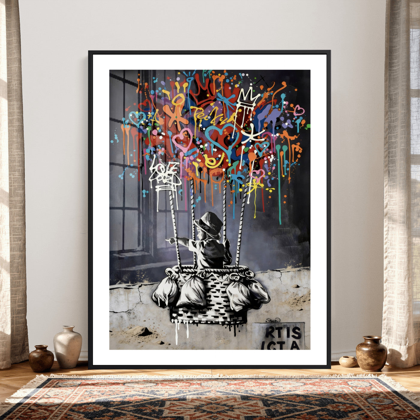 56325542-MGV-CV-24X36 - Banksy Inspired Boy Swing Wall Art Canvas Print, Graffiti Balloon Hearts Street Art, Colorful Urban Mural Artwork for Modern Living Room Decor