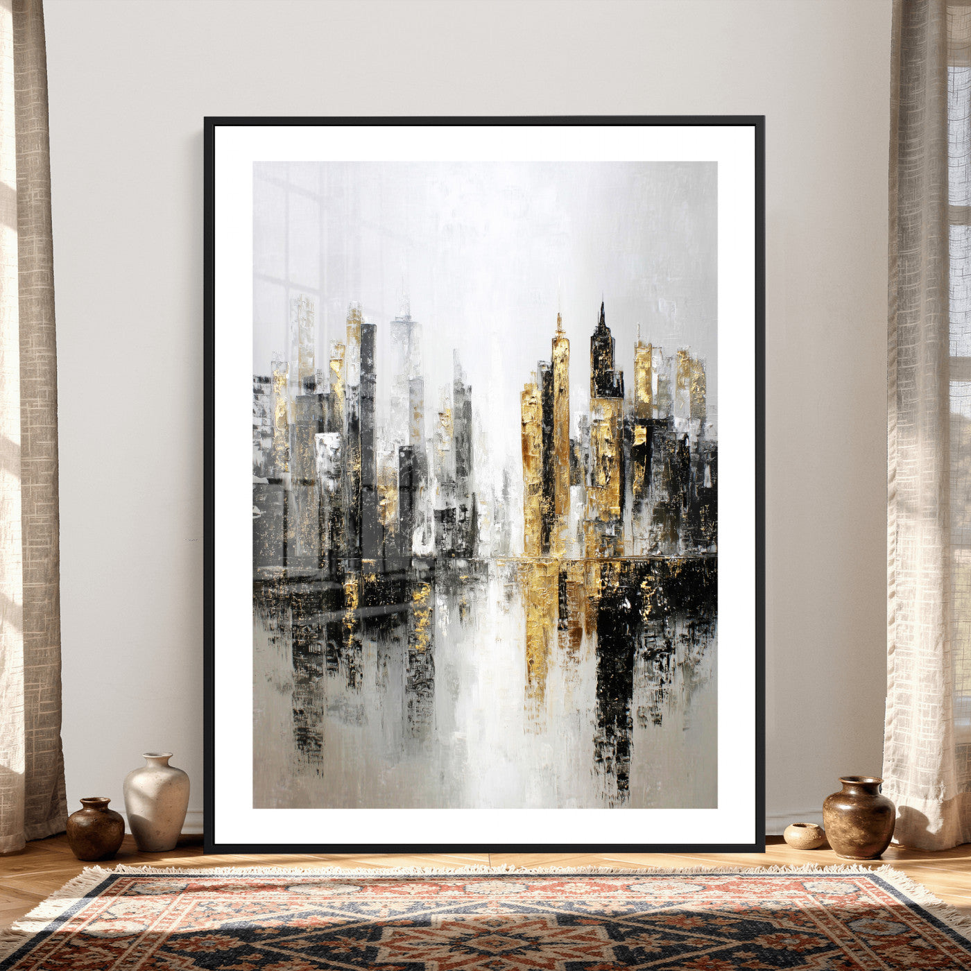 38126217-MGV-CV-24X36 - Abstract Urban Reflection Wall Art Canvas Print, Gold Black Modern Architecture Canvas Print, Contemporary Moody City Artwork for Living Room Decor