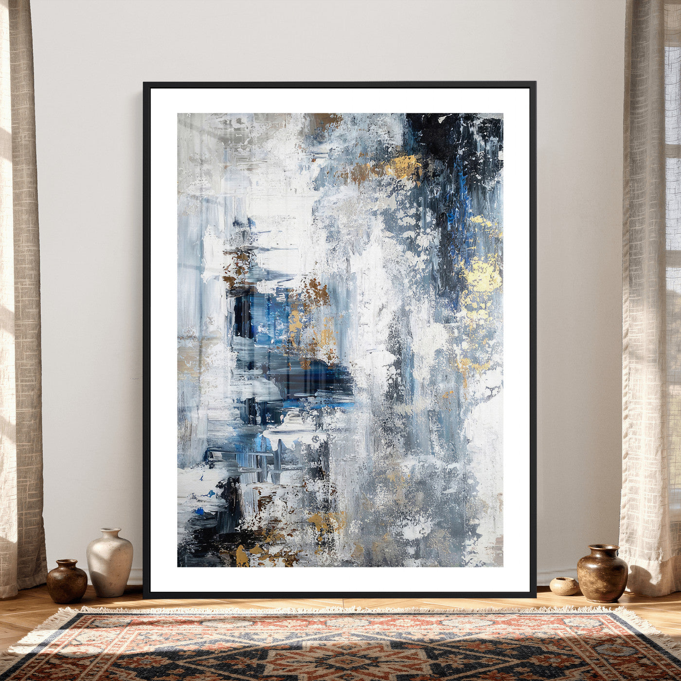 3962948988-MGV-CV-24X36 - Blue Abstract Wall Art Canvas Print, Gold Black Modern Architecture Canvas Print, Contemporary Moody City Artwork for Living Room Decor