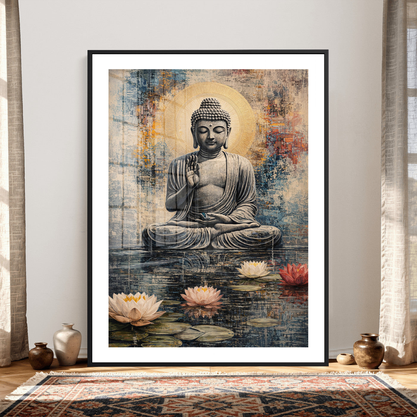 3812625445543-MGV-CV-24X36 - Serene Buddha with Lotus Flowers | Tranquil Meditation Art | Zen Wall Decor for Mindful Living Spaces | Spiritual Canvas Print