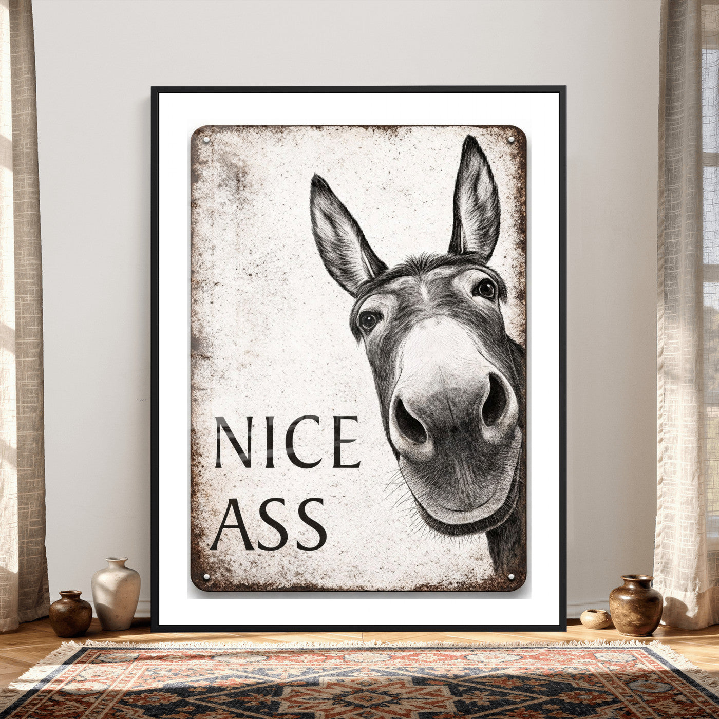 8151788R6-MGV-CV-24X36 - Funny Donkey Bathroom Wall Art Canvas Print, Nice Ass Farm Animal Sign, Rustic Farmhouse Humor Decor, Toilet Wall Art