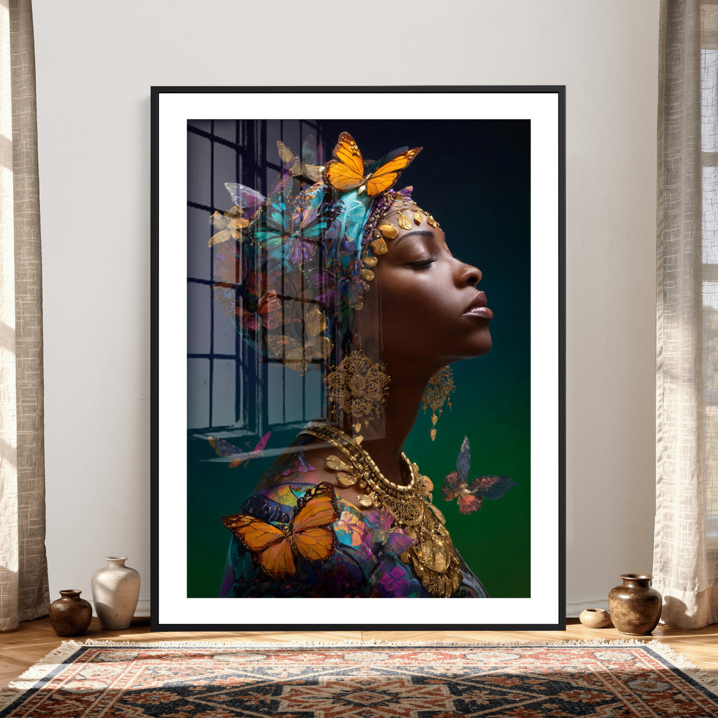 620930SZC0-MGV-CV-24X36 - Butterfly Crown Gold Woman Portrait — Monarch Queen Canvas Print | Teal Dark Fantasy Art | Boho Bedroom Wall Decor | Empowerment Gift Her
