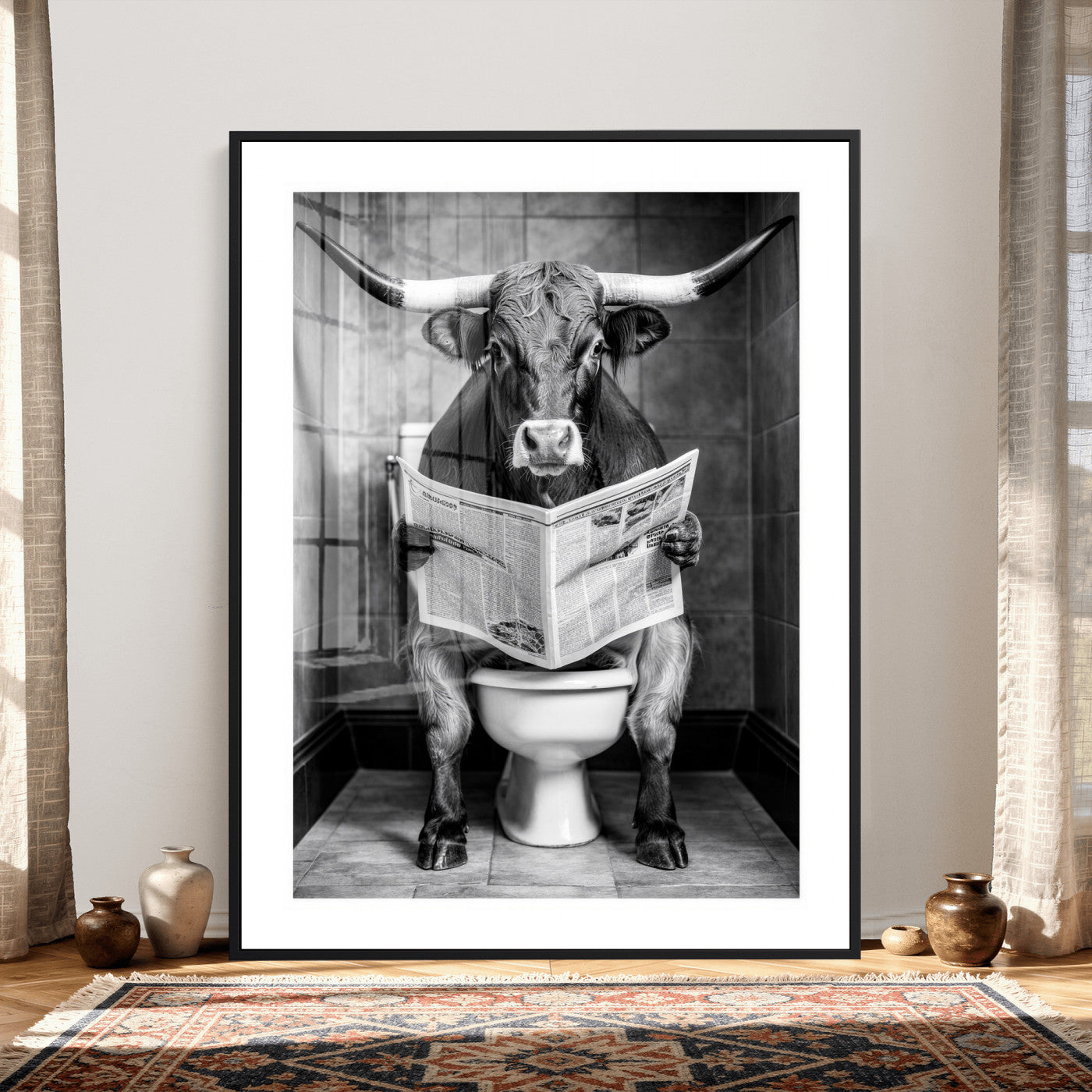 77994492-MGV-CV-24X36 - Texas Longhorn Cow Toilet Paper Canvas Wall Art, Funny Bathroom Black White Print, Cute Animal Humor Decor, Quirky Farmhouse Bathroom Art, Cow Lover Gift