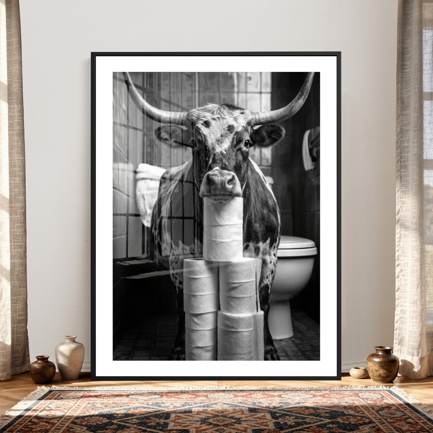 79259956-MGV-CV-24X36 - Texas Longhorn Cow Toilet Paper Canvas Wall Art, Funny Bathroom Black White Print, Cute Animal Humor Decor, Quirky Farmhouse Bathroom Art, Cow Lover Gift