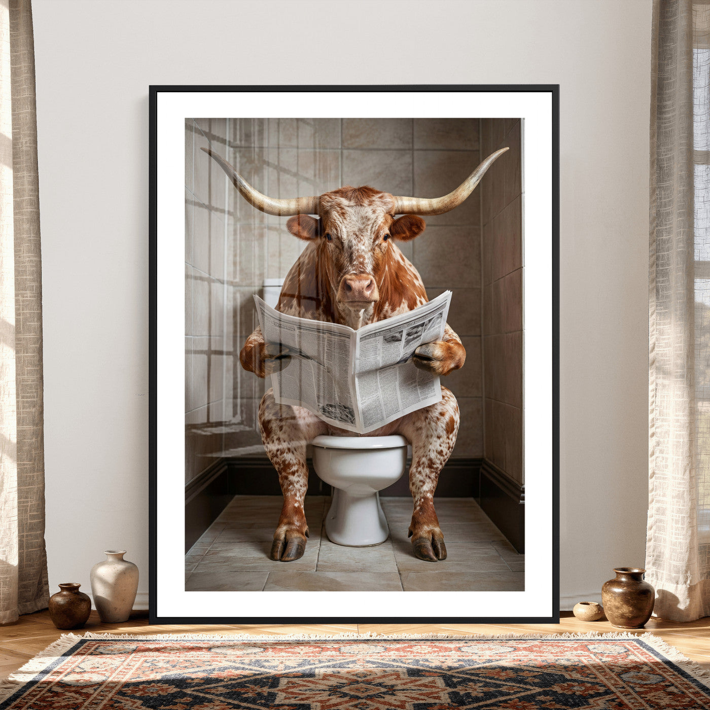 17728527-MGV-CV-24X36 - Funny Bathroom Canvas Wall Art, Texas Longhorn on Toilet Reading Newspaper, Humor Animal Print, Farmhouse Bathroom Decor, Quirky Cow Gift, Toilet Room Art