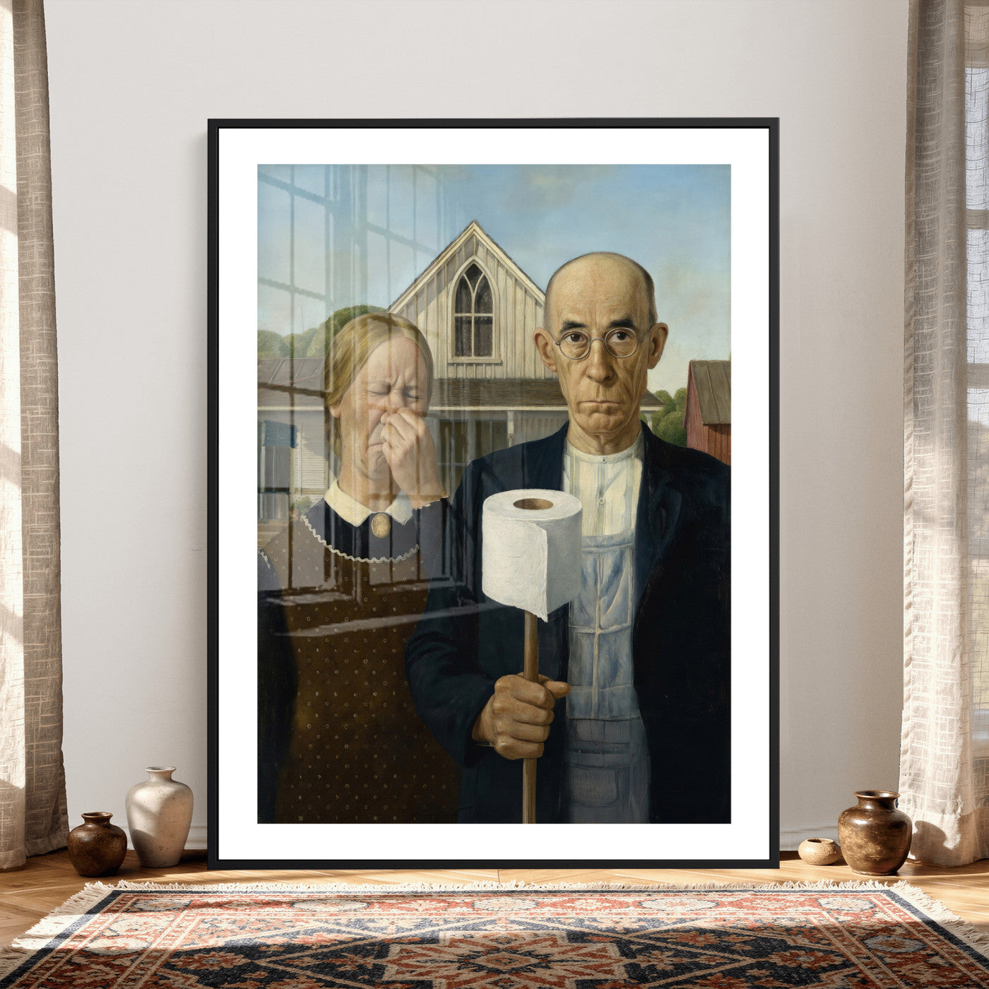 46805085-MGV-CV-24X36 - Funny Bathroom Canvas Wall Art, Grant Wood American Gothic Toilet Paper Parody Print, Humor Bathroom Decor, Classic Art Spoof, Quirky Housewarming Gift