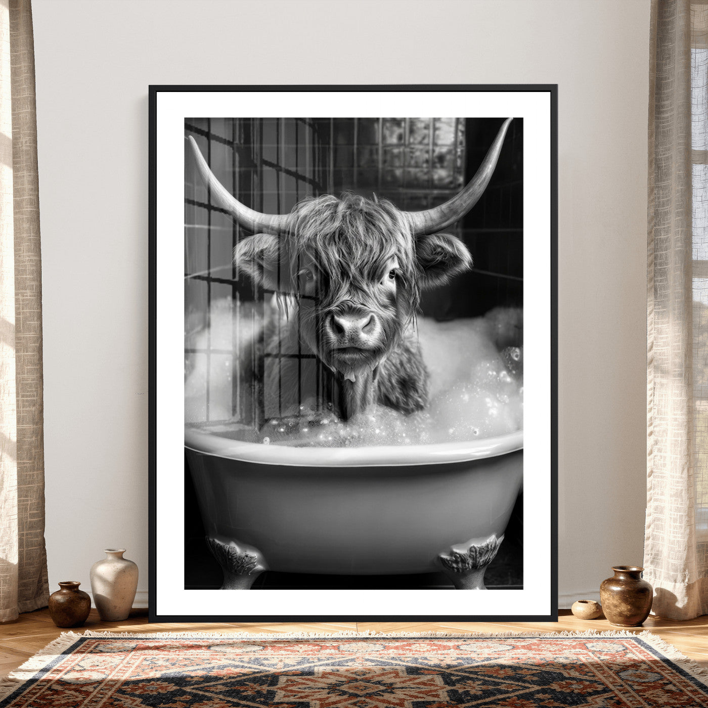 44020264-MGV-CV-24X36 - Highland Cow Bathtub Canvas Wall Art, Funny Bathroom Print Black White, Grumpy Cow Bubble Bath Decor, Animal Bathroom Art, Farmhouse Humor Print, Cute Cow Gift