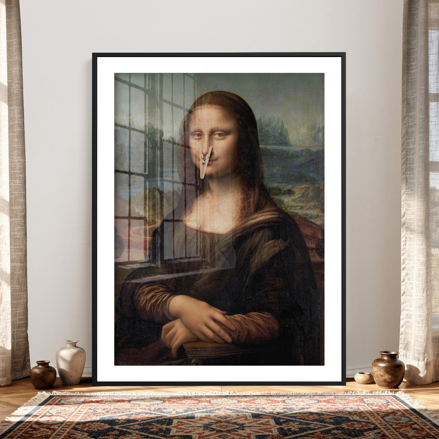 59125950-MGV-CV-24X36 - Funny Bathroom Canvas Wall Art Print, Mona Lisa Clothespin Nose Humor Decor, Classic Art Parody, Toilet Room Wall Art, Quirky Housewarming Gift, Eclectic Home Decor