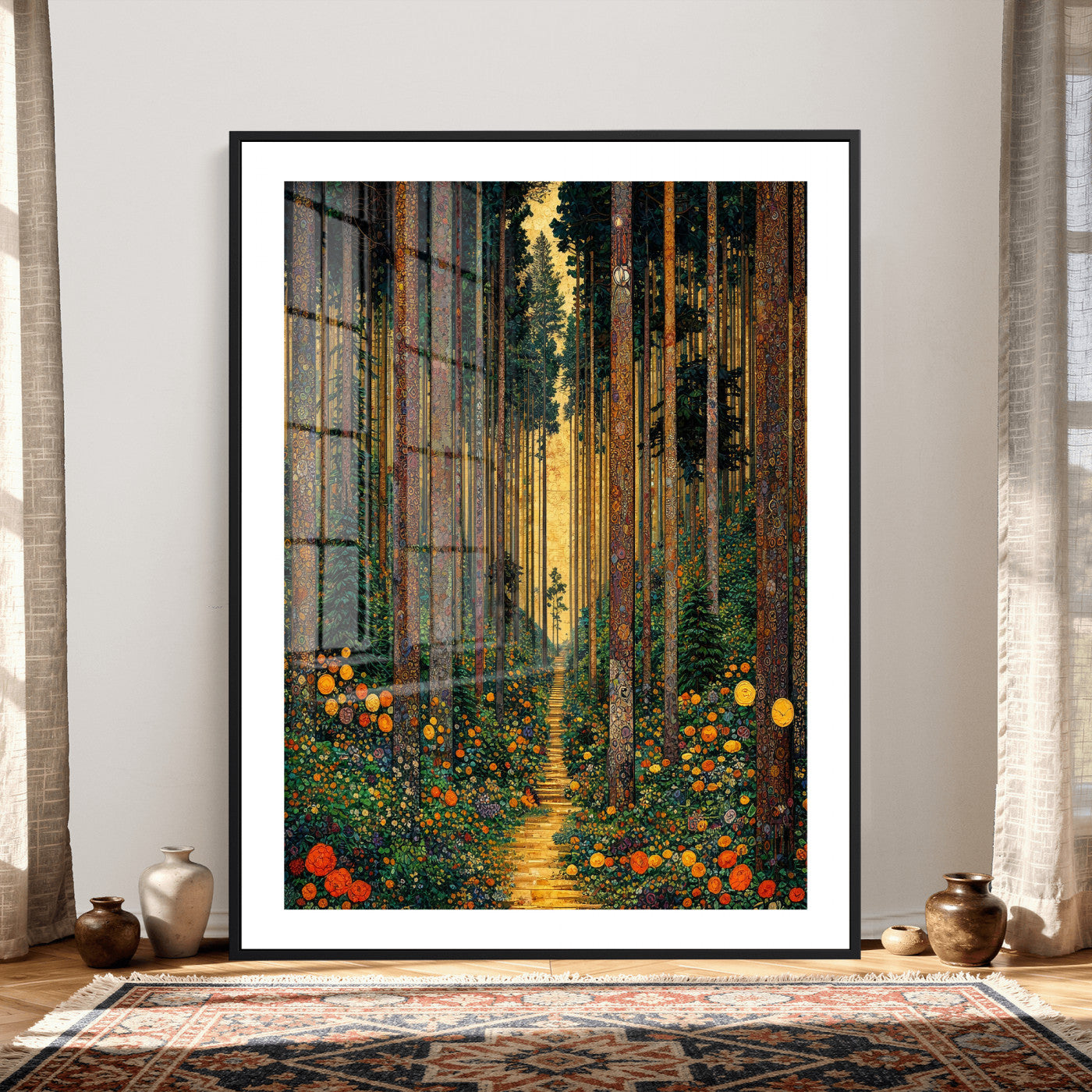14391546-MGV-CV-24X36 - Gustav Klimt Style Forest Canvas Wall Art, Golden Forest Path Floral Art Nouveau Print, Enchanted Woodland Decor, Maximalist Colorful Nature Art