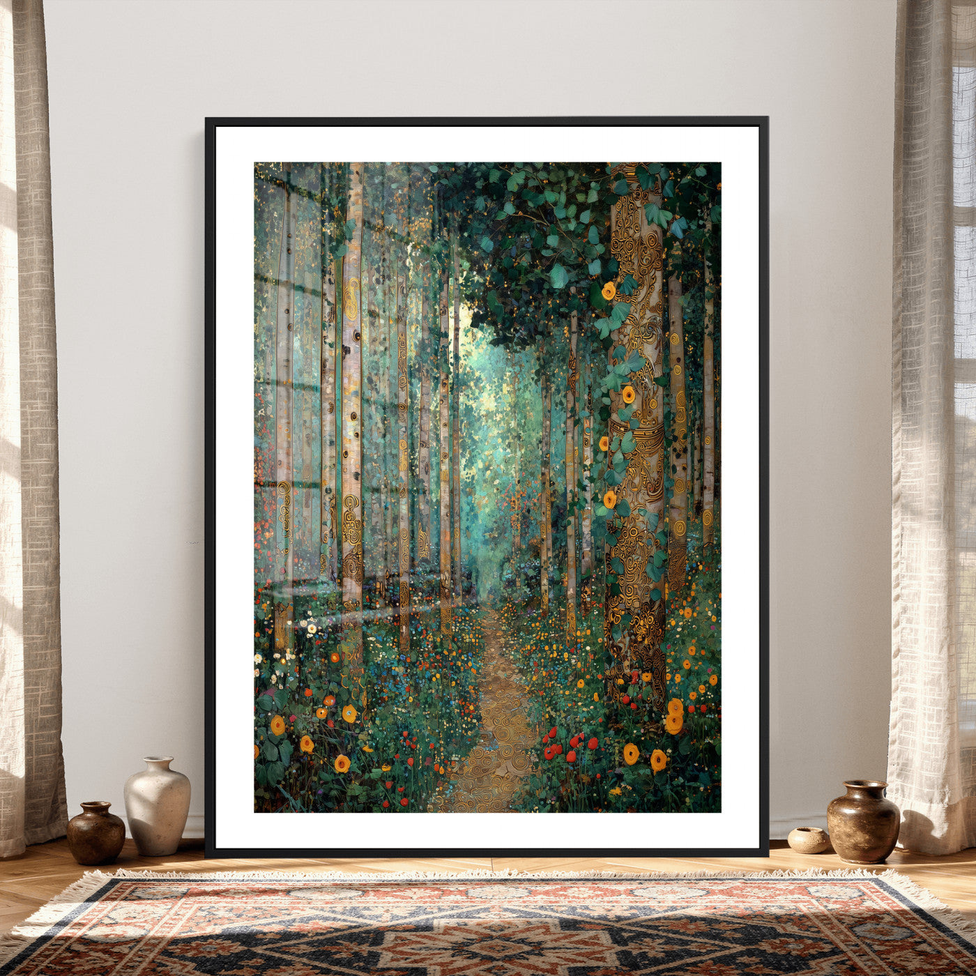 76587981-MGV-CV-24X36 - Gustav Klimt Style Forest Canvas Wall Art, Golden Forest Path Floral Art Nouveau Print, Enchanted Woodland Decor, Maximalist Colorful Nature Art