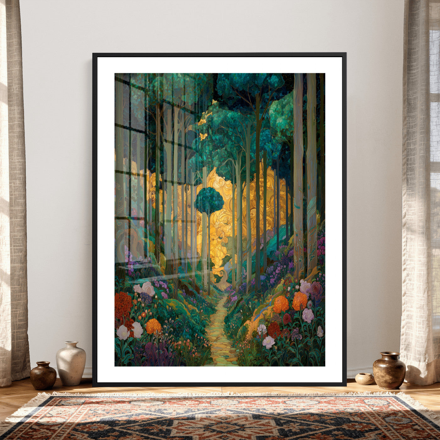 70159913-MGV-CV-24X36 - Gustav Klimt Style Forest Canvas Wall Art, Golden Forest Path Floral Art Nouveau Print, Enchanted Woodland Decor, Maximalist Colorful Nature Art