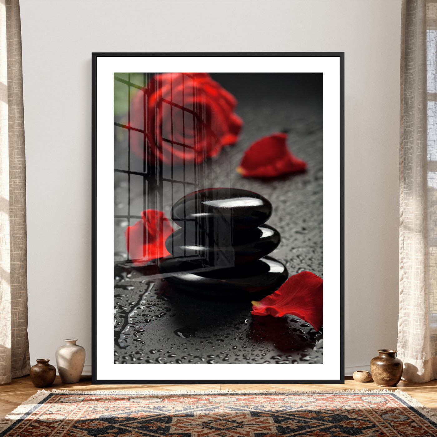 37334763-MGV-CV-24X36 - Black Lava Stone Rose Canvas | Red Rose Spa Photography Print | Stacked Stones Dark Luxury Wall Art | Dramatic Bathroom Decor