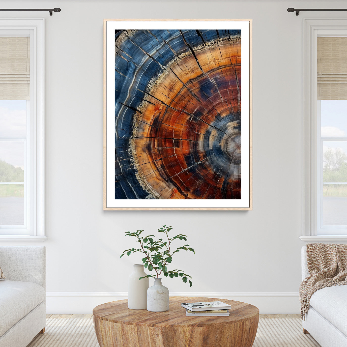 38379387-MGC-FP-36x24_Natural-Tree Rings Wall Art Canvas Print – Blue Wood Grain Rustic Texture Natural Earthy Nature Artwork for Home Office