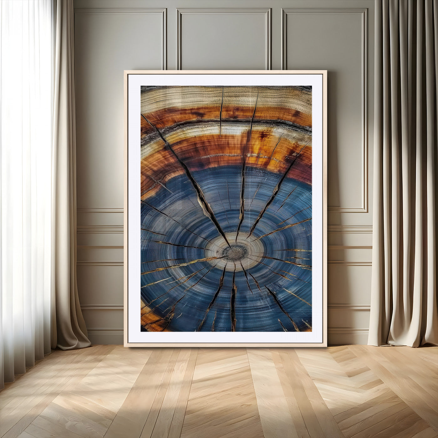 58959380-MGV-CV-24X36-Tree Rings Wall Art Canvas Print – Blue Wood Grain Rustic Pattern Natural Texture Artwork for Modern Home Office