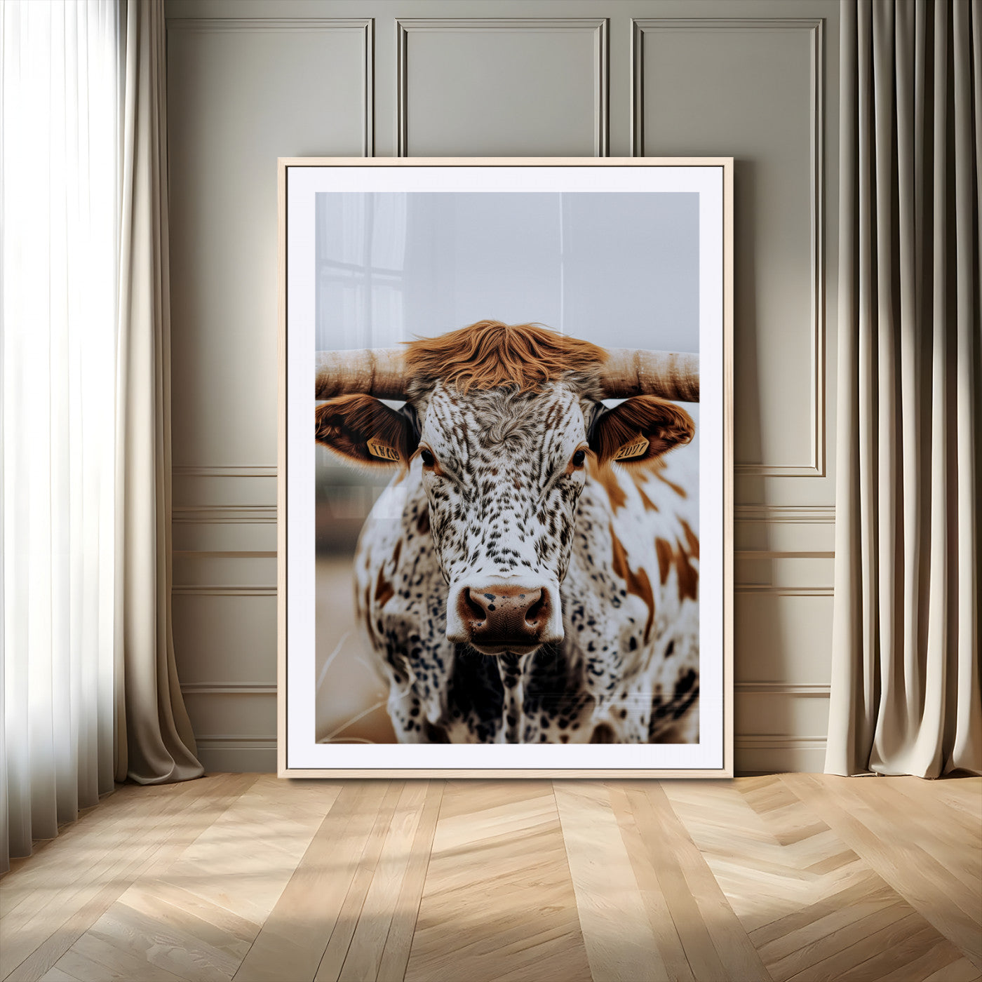 -Texas Longhorn Wall Art Canvas Print, Framed Spotted Cow Art Picture Print, Horned Cattle Perfect Rustic Western Decor Artwork