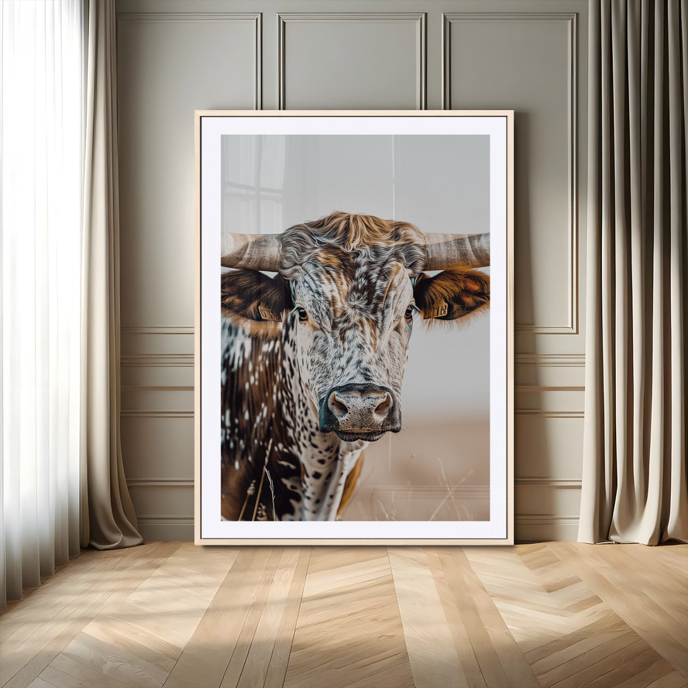 -Texas Longhorn Wall Art Canvas Print, Framed Speckled Cow Art Picture Print, Horned Bull Perfect Rustic Western Decor Artwork