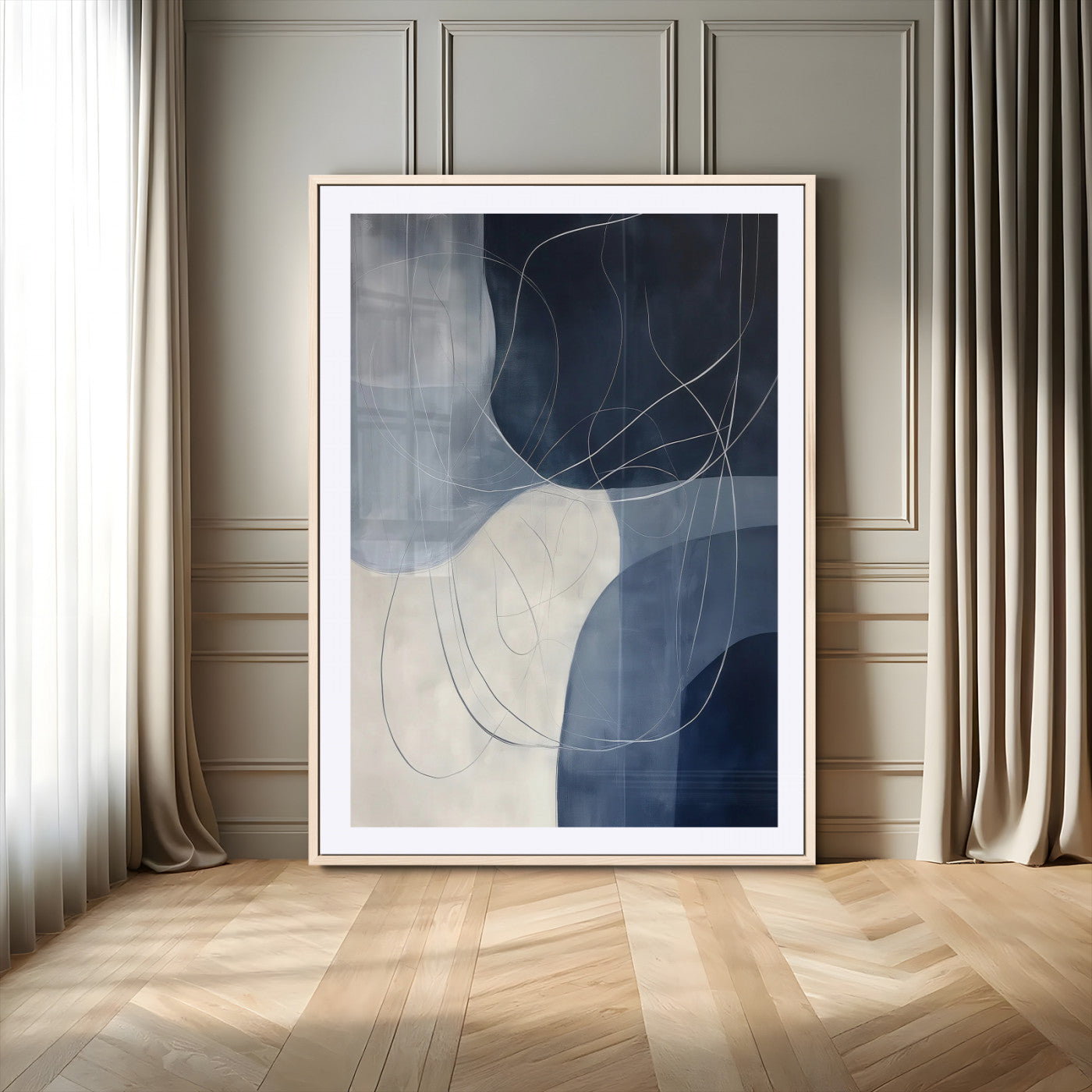 62566633-MGV-CV-24X36-Navy Abstract Wall Art Canvas Print – Framed Minimal Lineart Shapes Modern Geometric Minimalist Artwork for Home Office