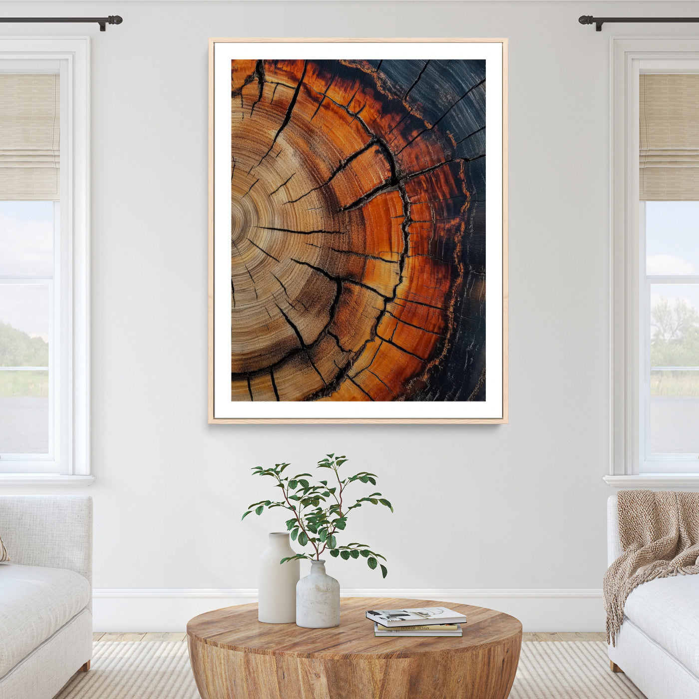 12078265-MGC-FP-36x24_Natural-Tree Rings Wall Art Canvas Print – Framed Burnt Wood Rustic Nature Growth Rings Organic Artwork for Home Office