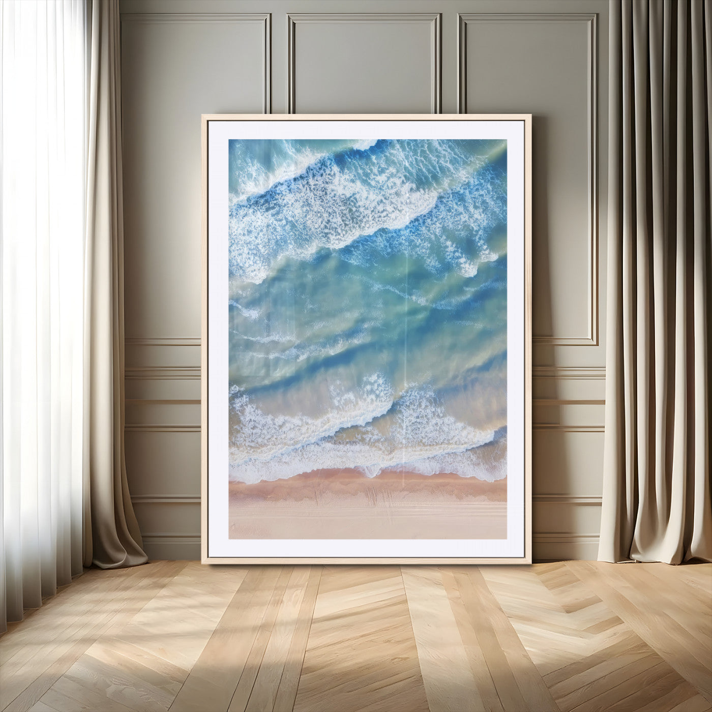 -Aerial Ocean View Wall Art Canvas Print, Framed Soft Blue Waves Art Picture Print, Sandy Shoreline Perfect Modern Coastal Decor Artwork