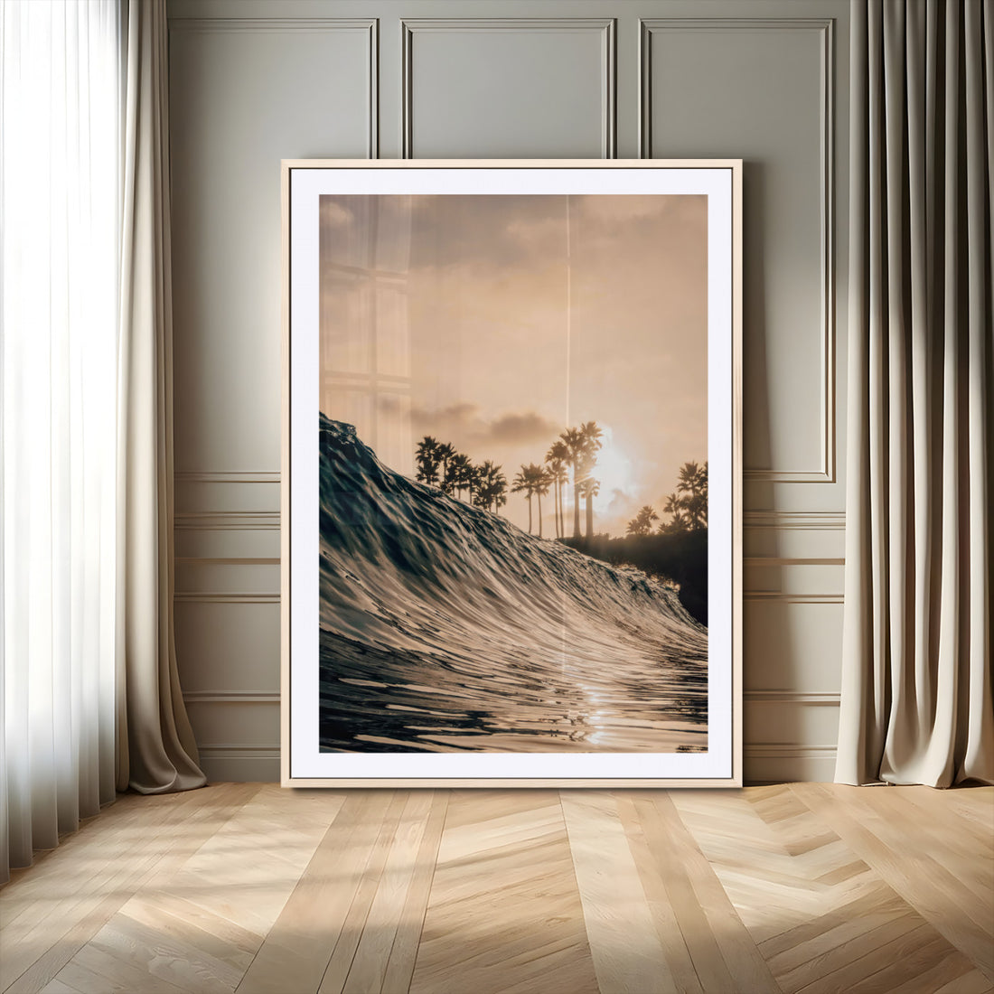 Golden Hour Ocean Wave Wall Art Canvas Print, Framed Tropical Beach Sunset Palms