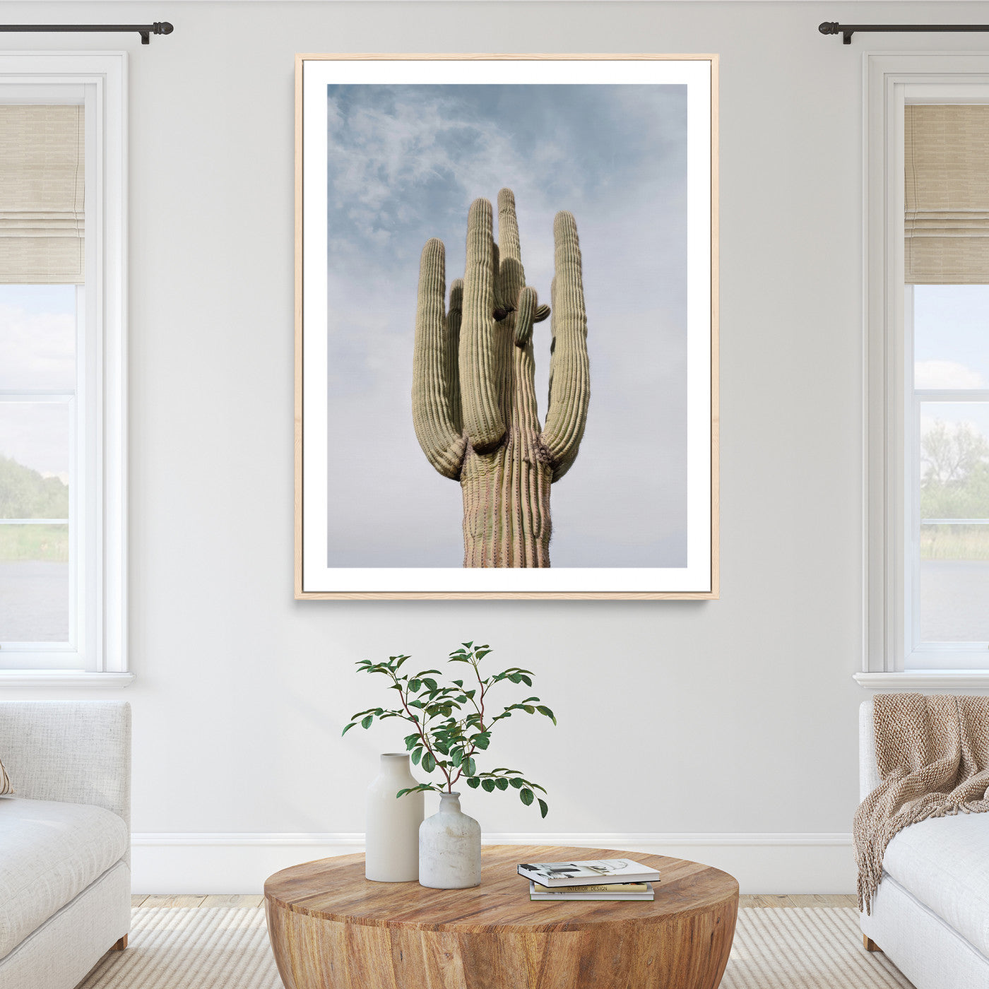 44868276-MGC-FP-36x24_Natural-Saguaro Cactus Wall Art Canvas Print, Framed Earthy Desert Art Picture Print, Warm Botanical Perfect
